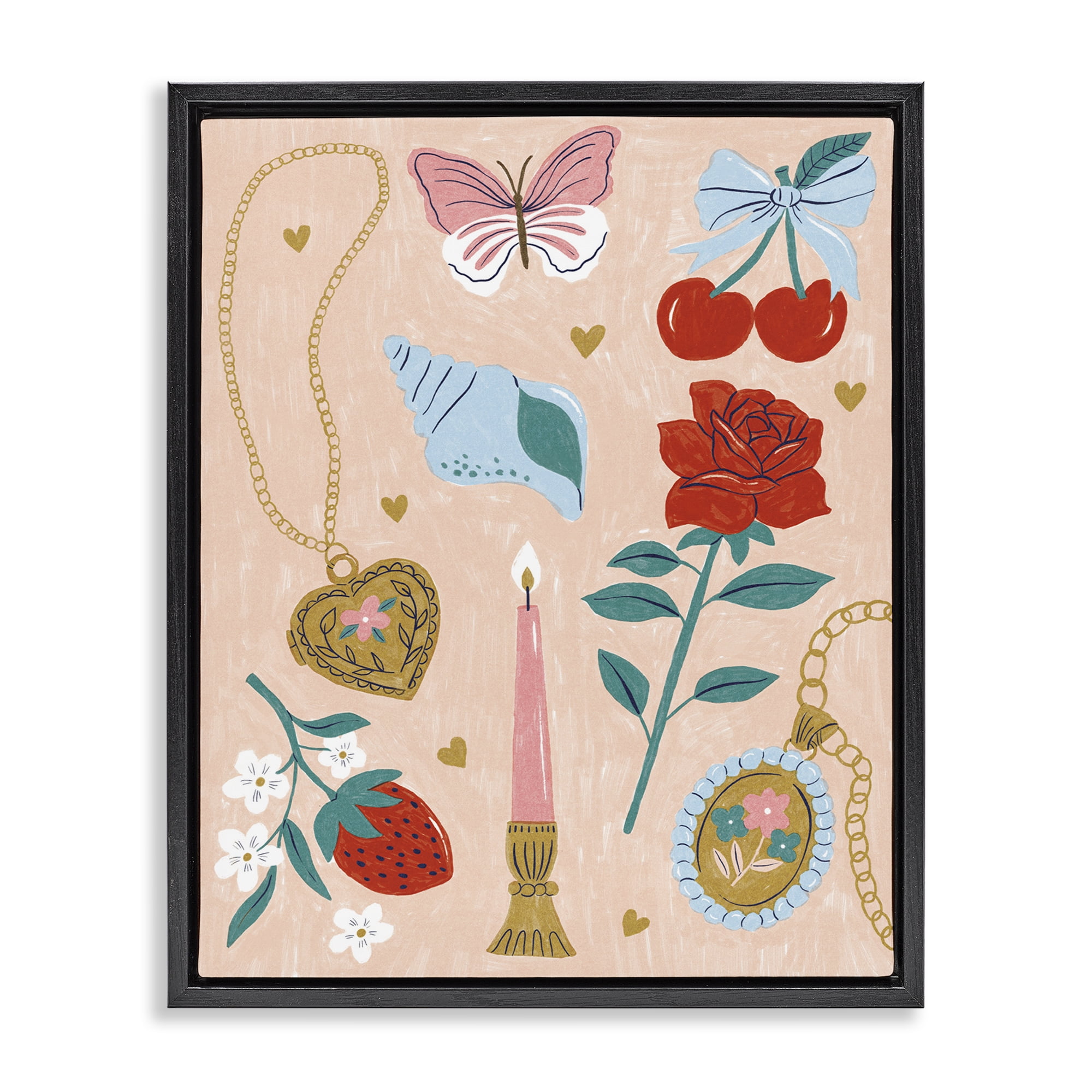 Stupell Industries Fun Feminine Embellishments Plants & Flowers Painting Black Floater Framed Canvas Art Print Wall Art, 17 x 21