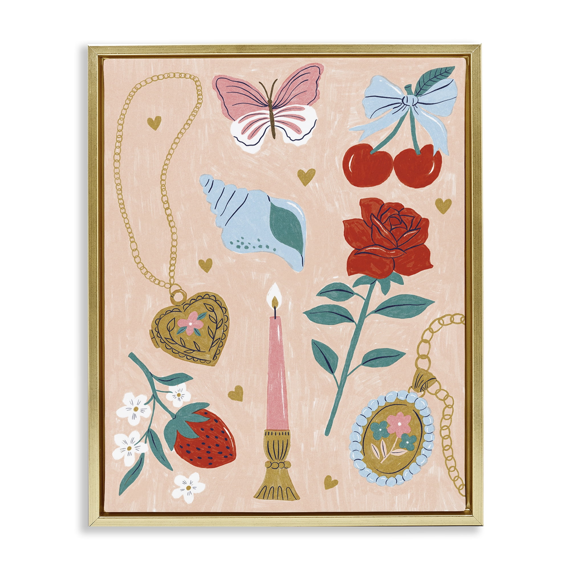 Stupell Industries Fun Feminine Embellishments Plants & Flowers Painting Gold Floater Framed Canvas Art Print Wall Art, 17 x 21
