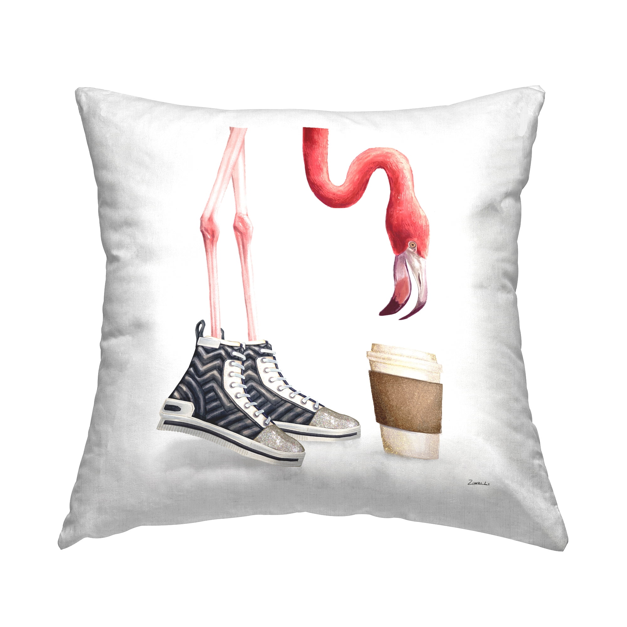Stupell Industries Fun Flamingo Coffee Cup Sneakers Square Decorative Printed Throw Pillow, 18 x 18,