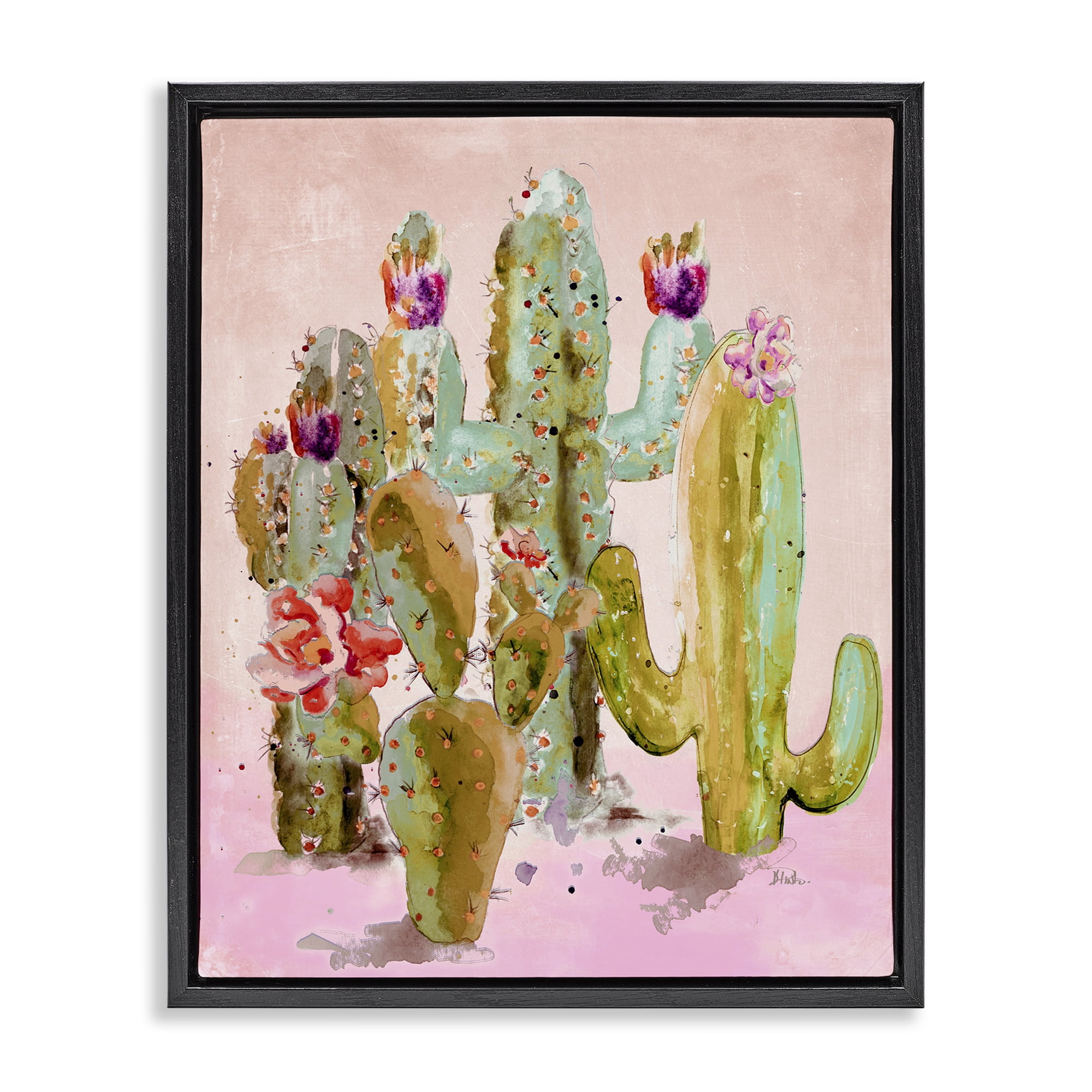 Stupell Industries Fun Floral Cacti Botanical & Floral Painting Black Floater Framed Canvas Art Print Wall Art, 25 x 31