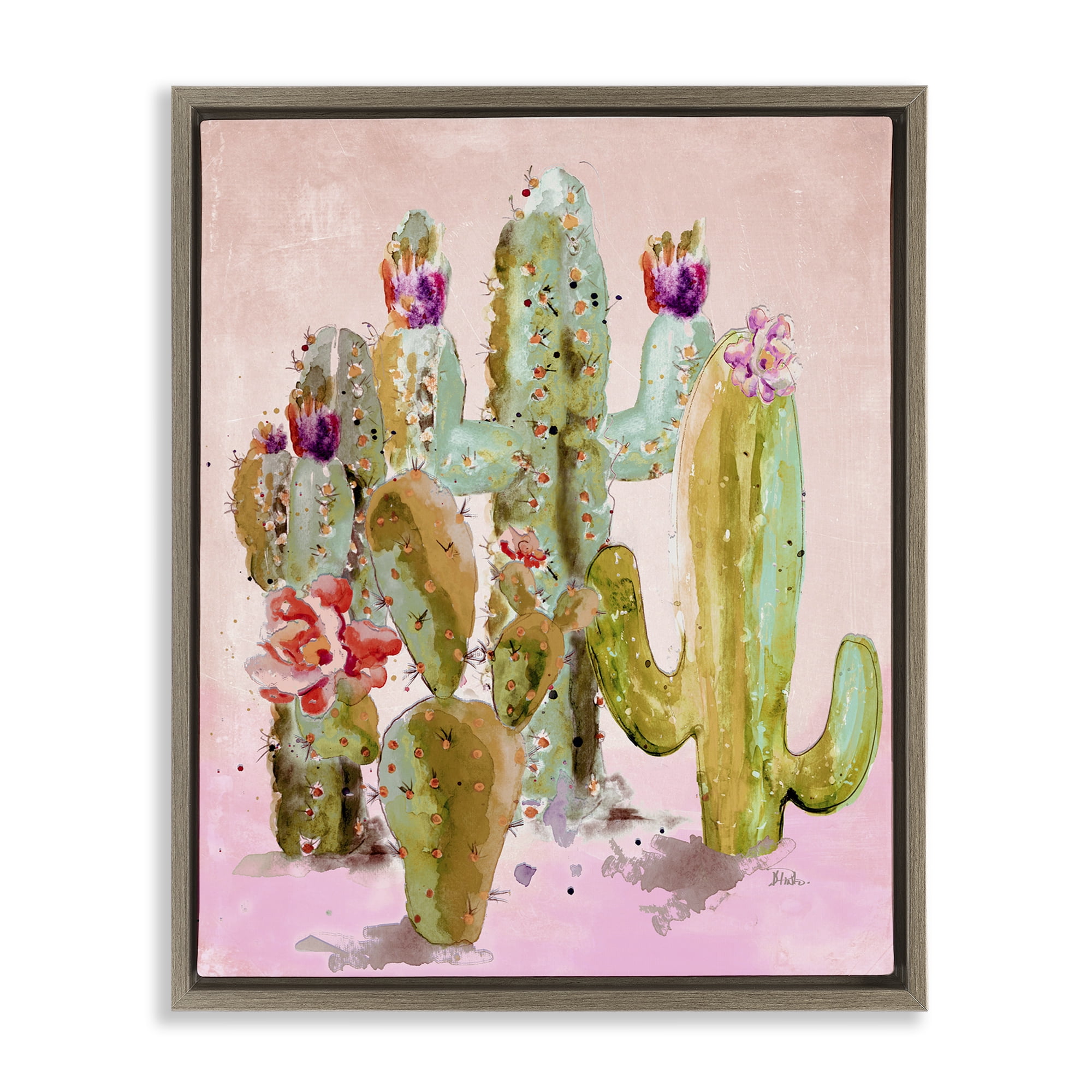 Stupell Industries Fun Floral Cacti Botanical & Floral Painting Brown Floater Framed Canvas Art Print Wall Art, 17 x 21