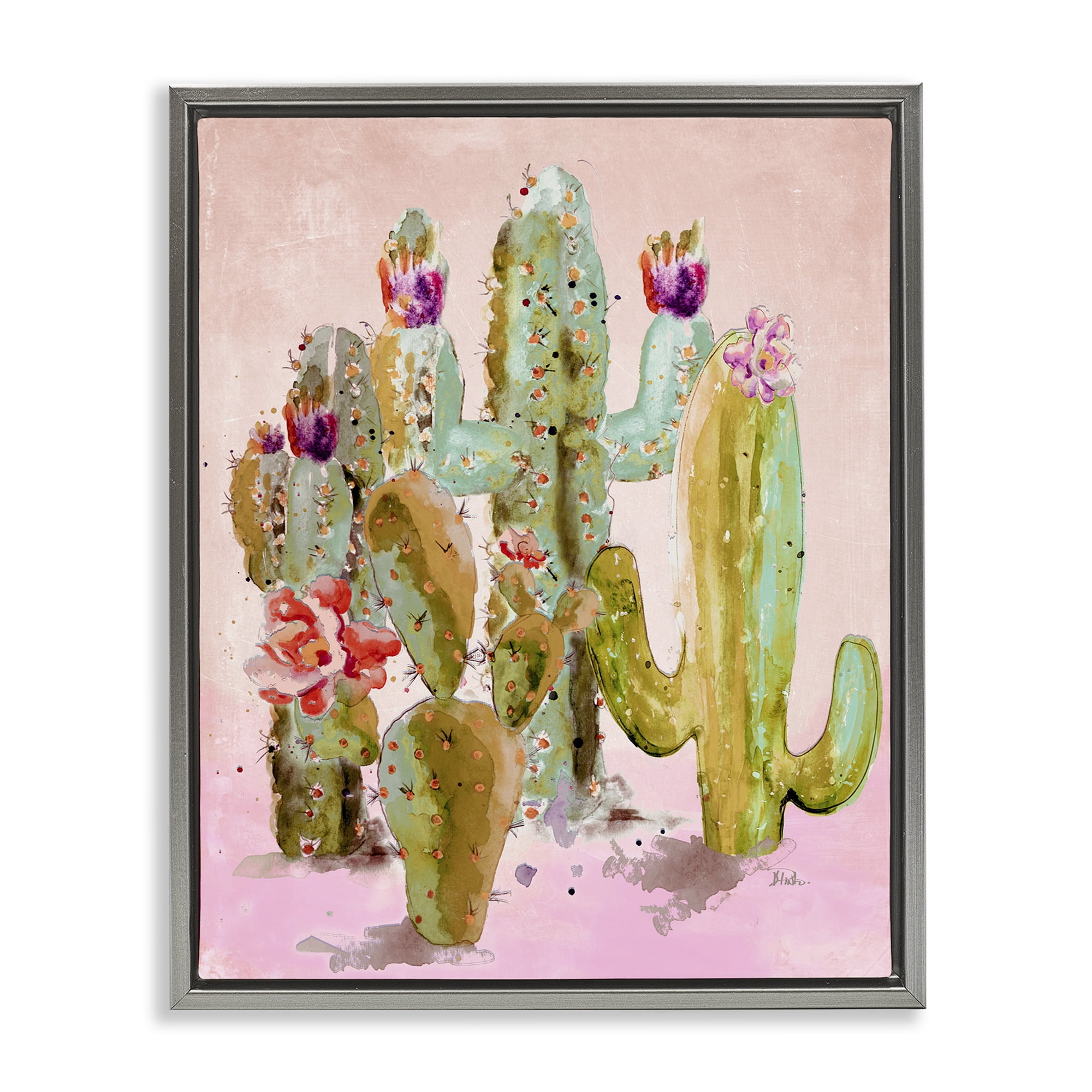 Stupell Industries Fun Floral Cacti Botanical & Floral Painting Gray Floater Framed Canvas Art Print Wall Art, 17 x 21