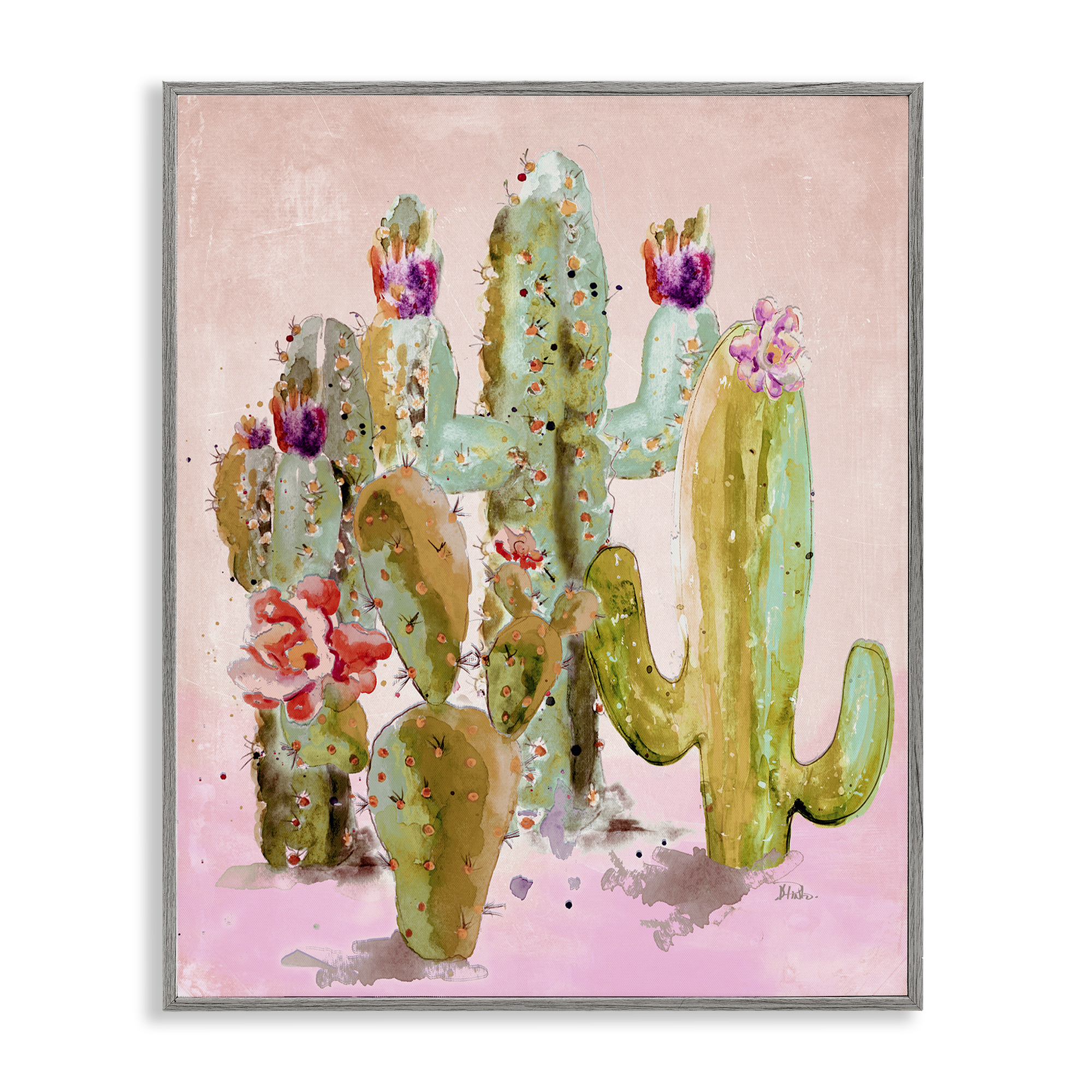 Stupell Industries Fun Floral Cacti Botanical & Floral Painting Gray Framed Art Print Wall Art, 11 x 14
