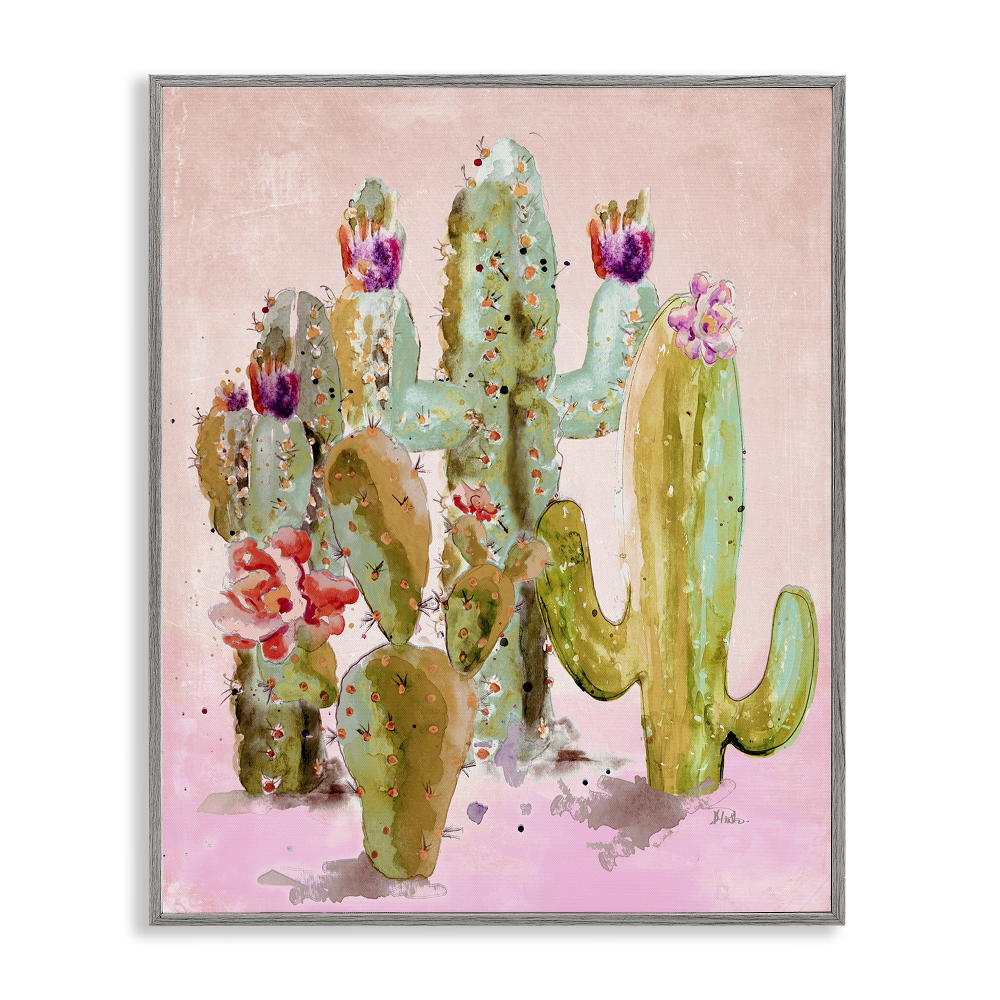 Stupell Industries Fun Floral Cacti Botanical & Floral Painting Gray Framed Art Print Wall Art, 24 x 30