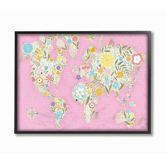Stupell Industries Fun Floral Girl Pink Pastel Children's World Map Framed Wall Art Design by Michael Mullan, 11" x 14", Black Framed