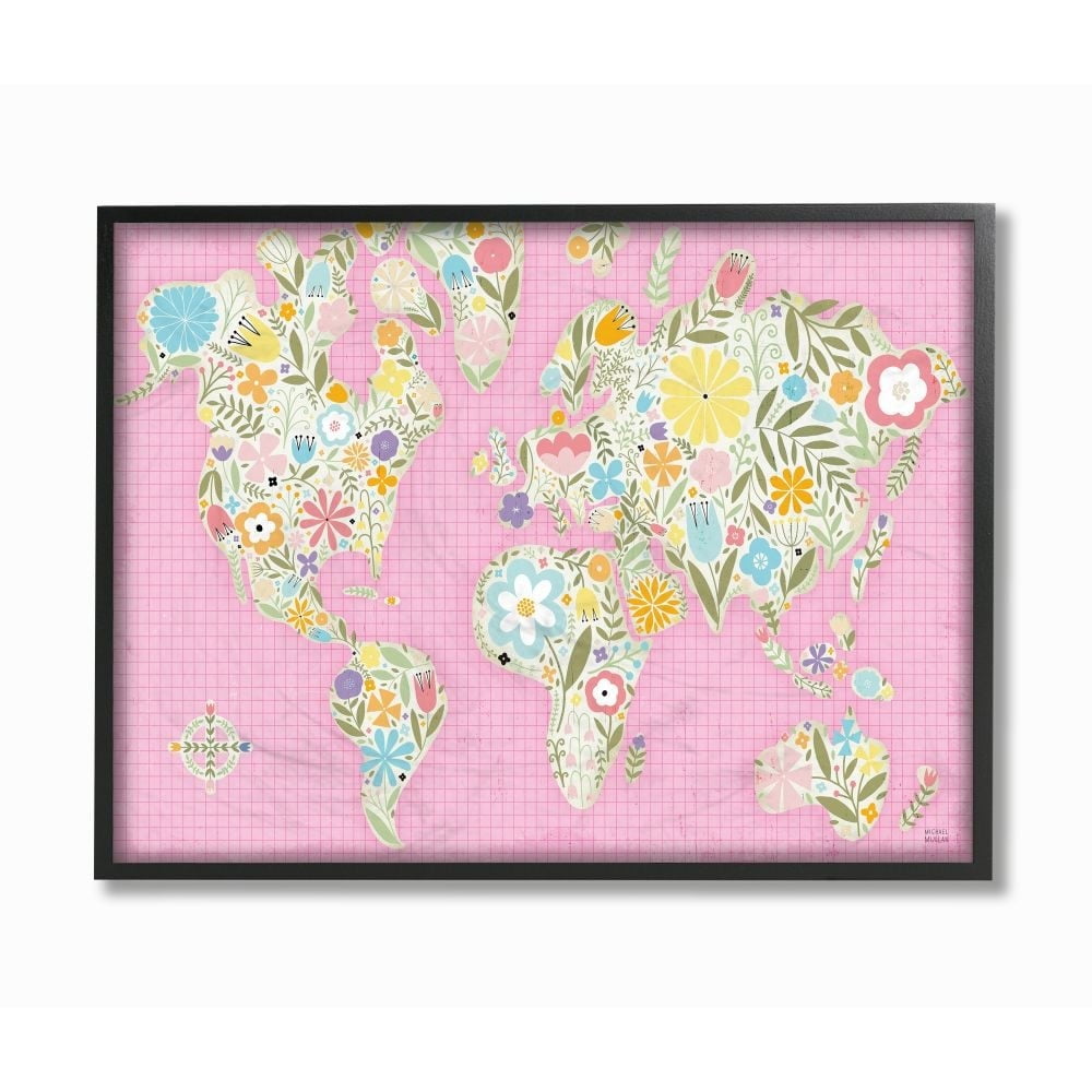 Stupell Industries Fun Floral Girl Pink Pastel Children's World Map Framed Wall Art Design by Michael Mullan, 11" x 14", Gray Framed
