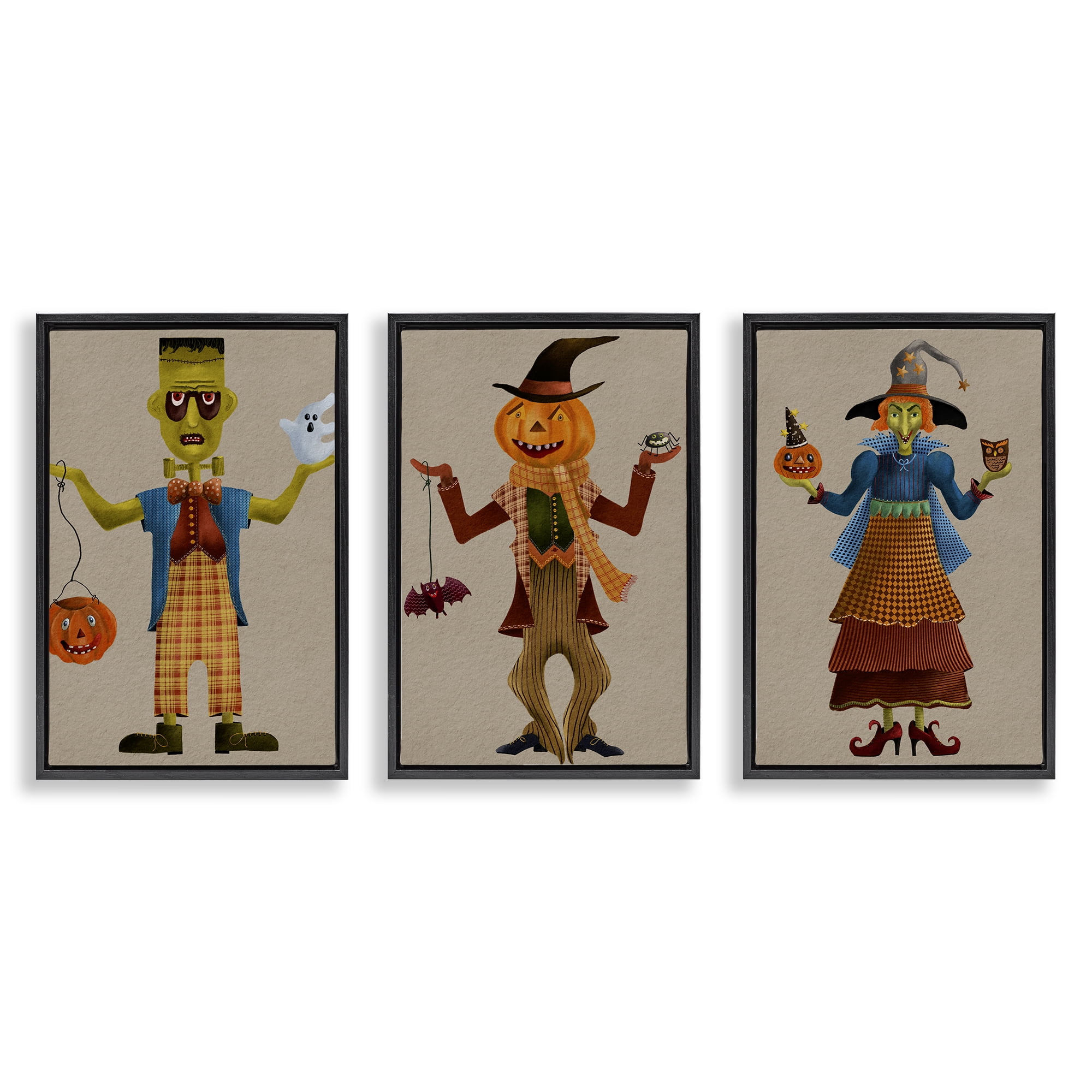 Stupell Industries Fun Halloween Friends Holiday Painting Black Floater Framed Canvas Art Print Wall Art, 21 x 31, Set of 3
