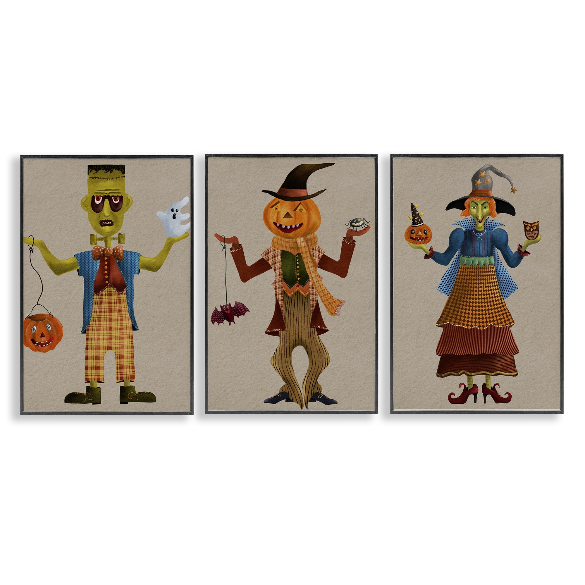 Stupell Industries Fun Halloween Friends Holiday Painting Black Framed Art Print Wall Art, 20 x 30, Set of 3