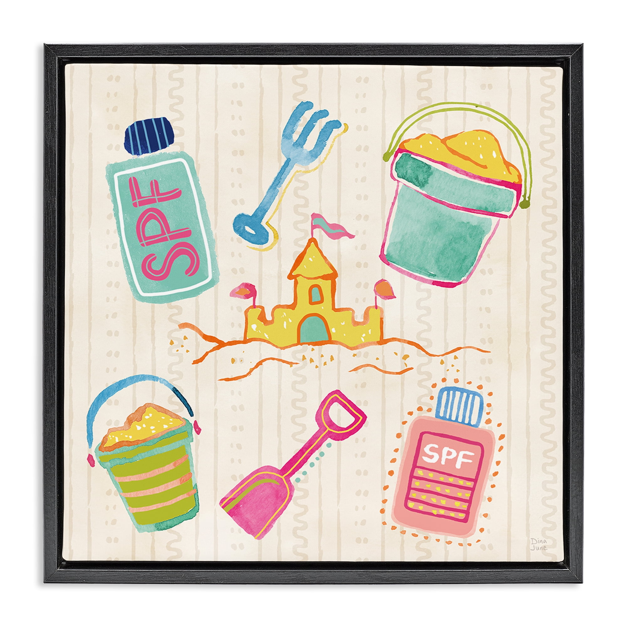 Stupell Industries Fun In The Sun Beach Pails Black Framed Floater Canvas Wall Art, design by Dina June