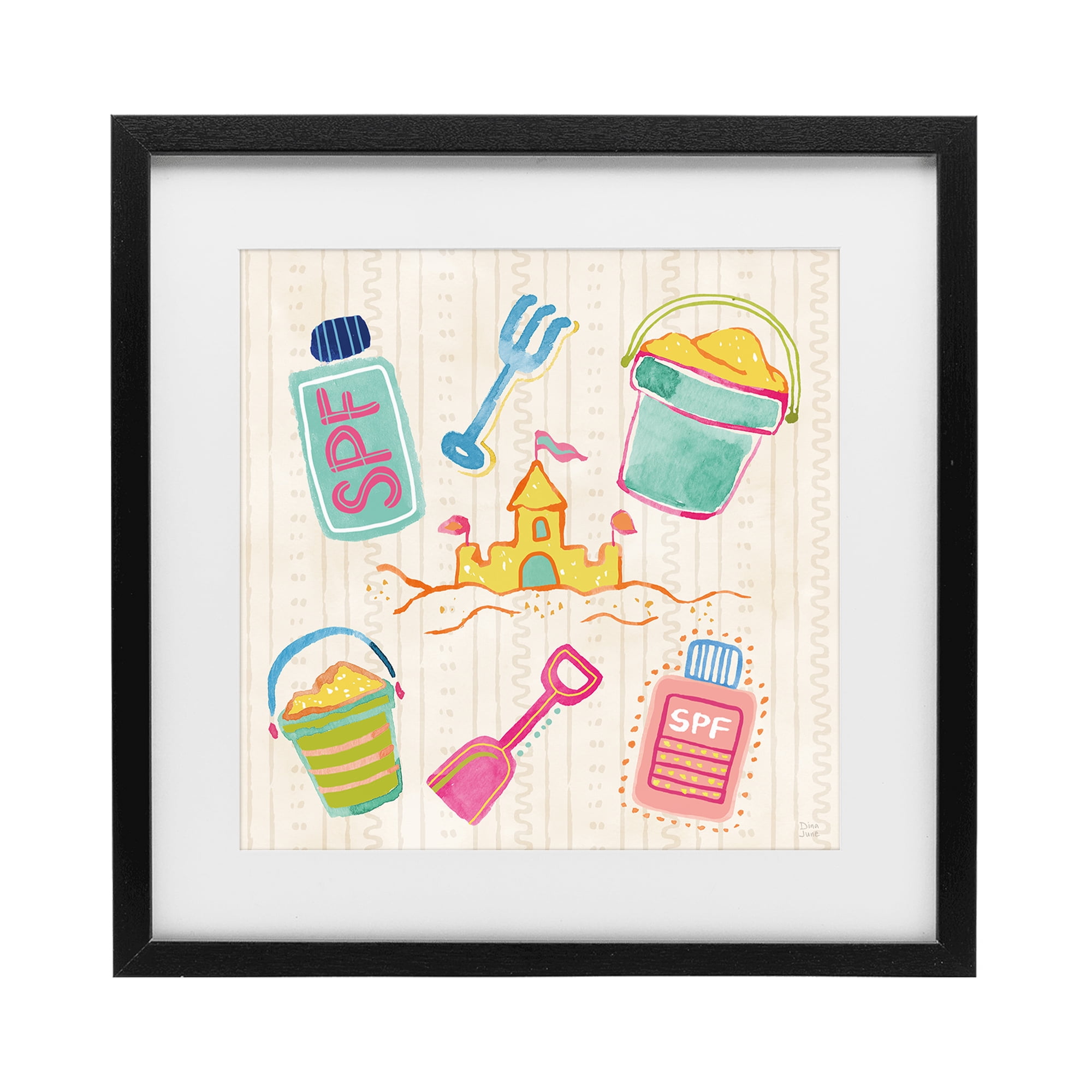 Stupell Industries Fun In The Sun Beach Pails Black Framed Print Under Glass, design by Dina June