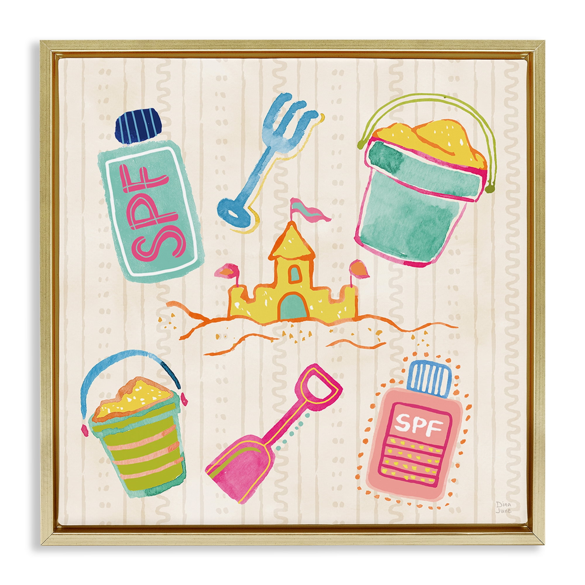 Stupell Industries Fun In The Sun Beach Pails Gold Framed Floater Canvas Wall Art, design by Dina June