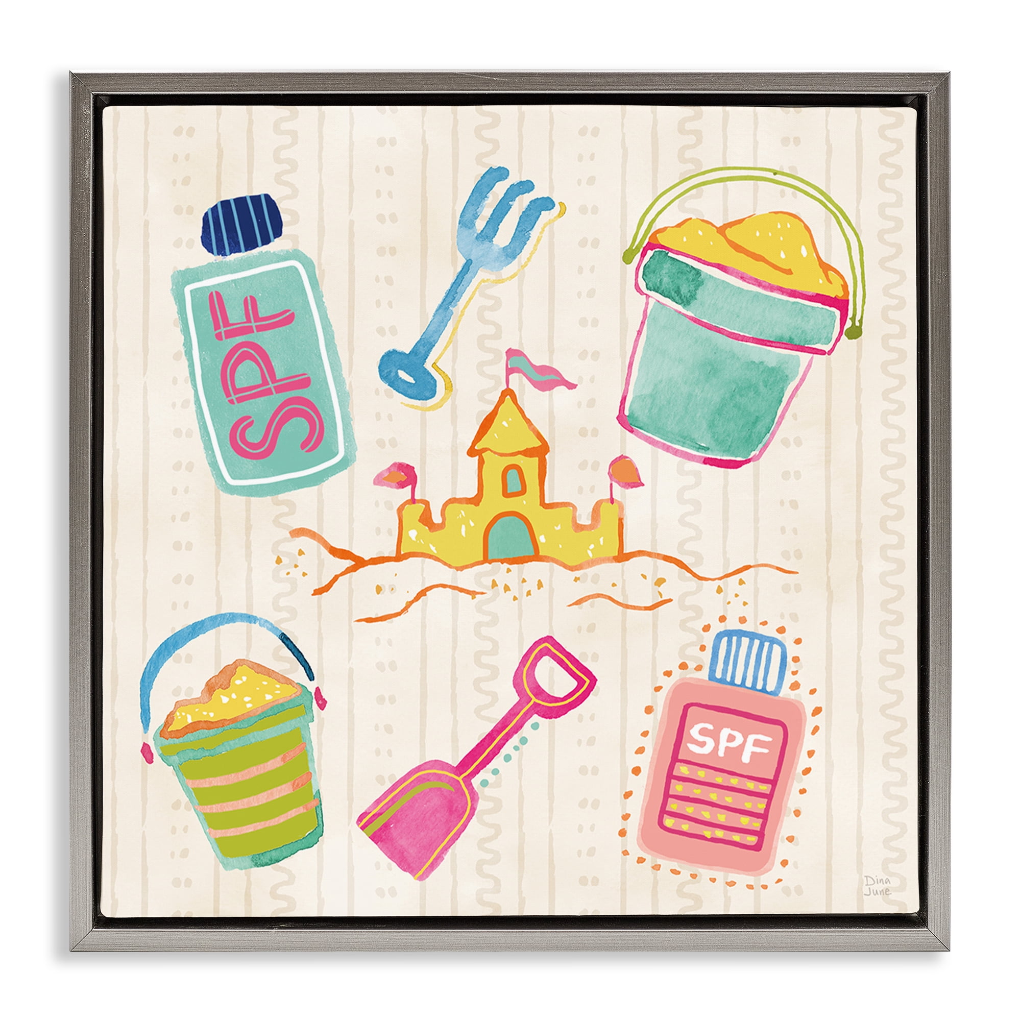 Stupell Industries Fun In The Sun Beach Pails Gray Framed Floater Canvas Wall Art, design by Dina June