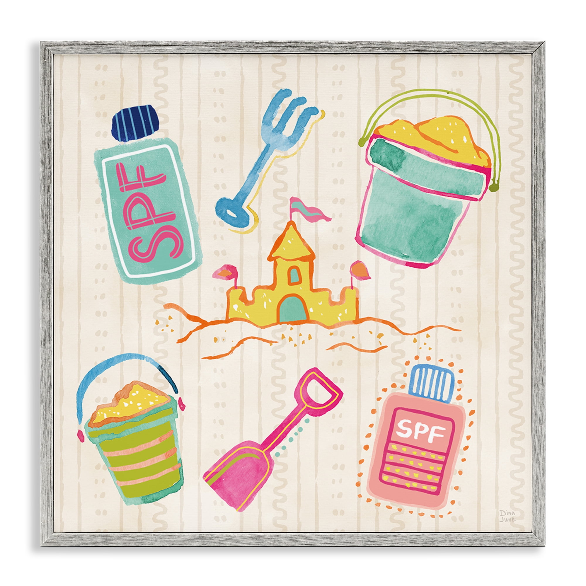 Stupell Industries Fun In The Sun Beach Pails Gray Framed Giclee Art, design by Dina June