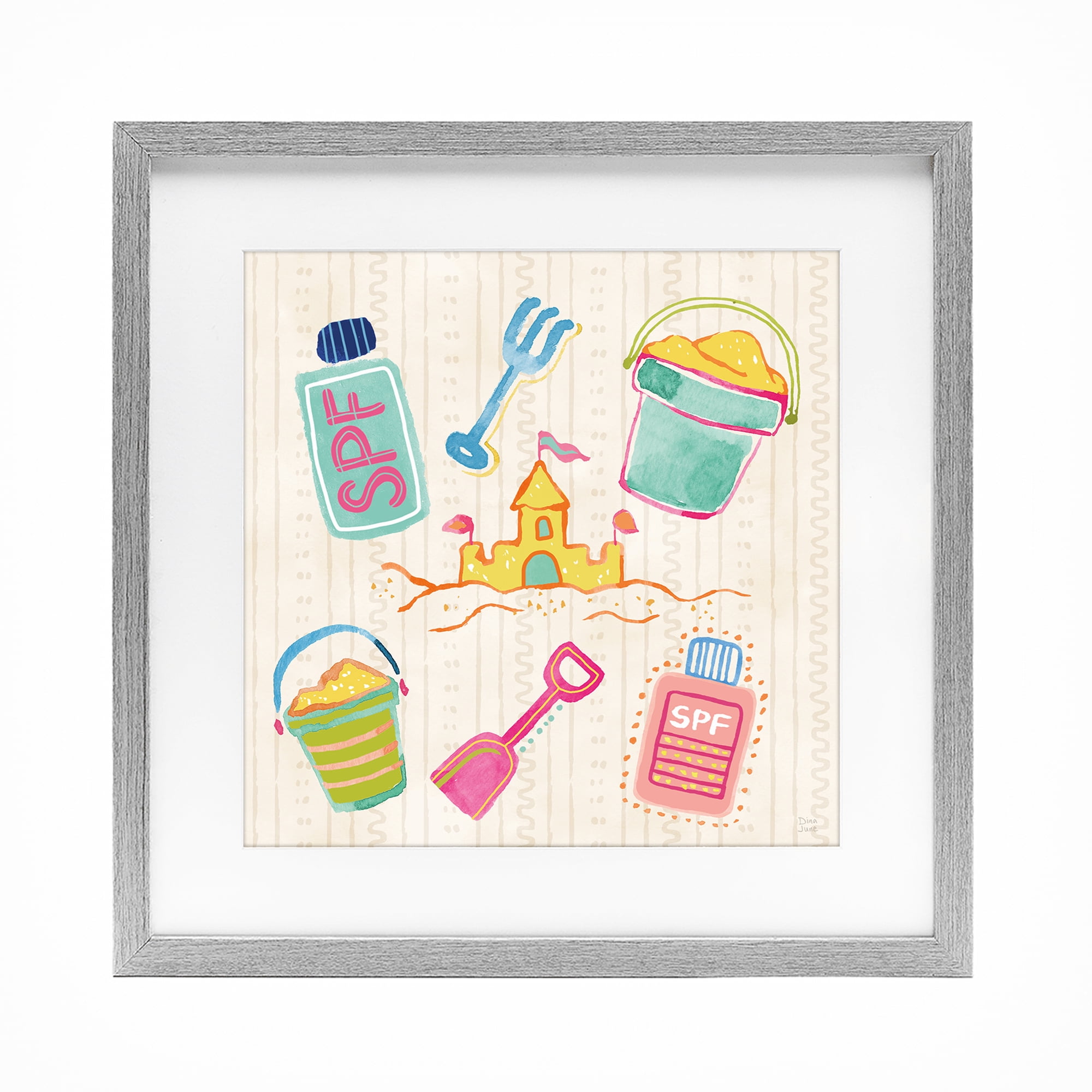 Stupell Industries Fun In The Sun Beach Pails Gray Framed Print Under Glass, design by Dina June