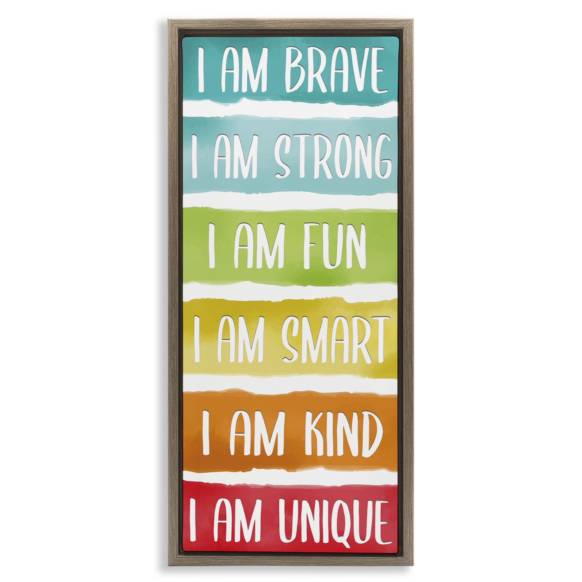 Stupell Industries Fun Inspirational Rainbow Phrases Inspirational Painting Brown Floater Framed Canvas Art Print Wall Art, 15 x 31