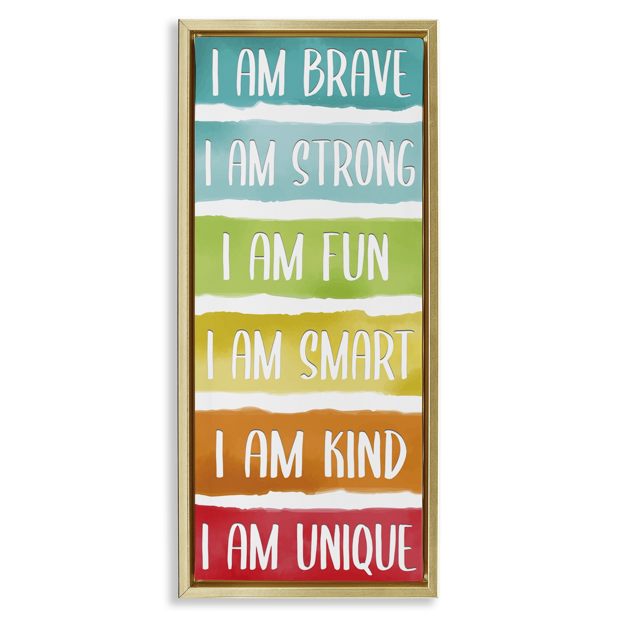 Stupell Industries Fun Inspirational Rainbow Phrases Inspirational Painting Gold Floater Framed Canvas Art Print Wall Art, 11 x 25