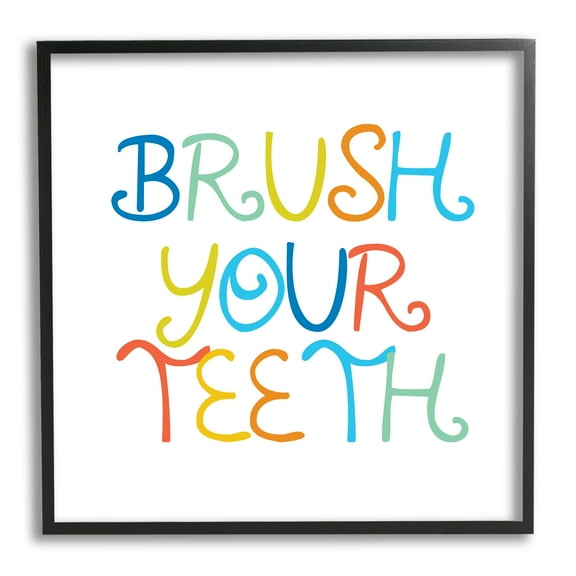 Stupell Industries Fun Kids Bathroom Sign Brush Your Teeth Rules Typography Painting Black Framed Art Print Wall Art, 12 x 12