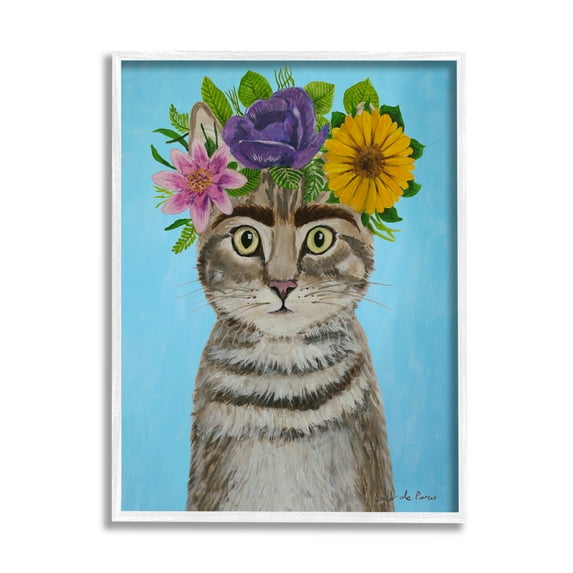 Stupell Industries Fun Manx Cat Bold Flower Arrangement Portrait Painting White Framed Art Print Wall Art, 24x30, by Coco de Paris