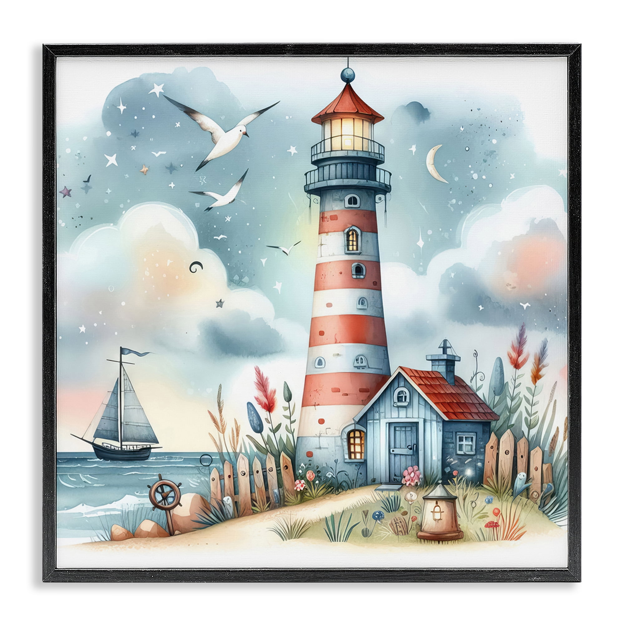 Stupell Industries Fun Maritime Lighthouse Nautical & Beach Painting Black Framed Art Print Wall Art, 17 x 17