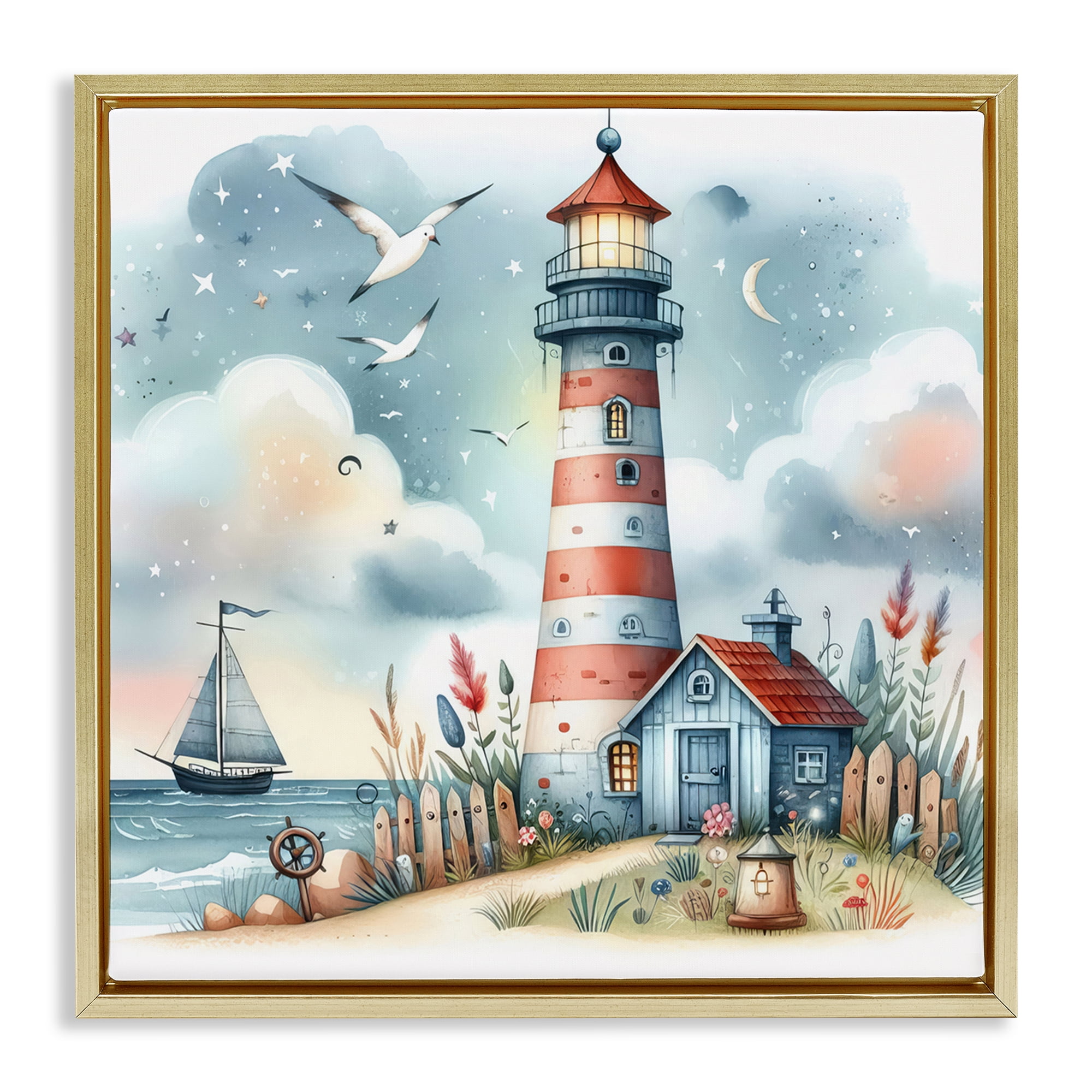 Stupell Industries Fun Maritime Lighthouse Nautical & Beach Painting Gold Floater Framed Canvas Art Print Wall Art, 25 x 25