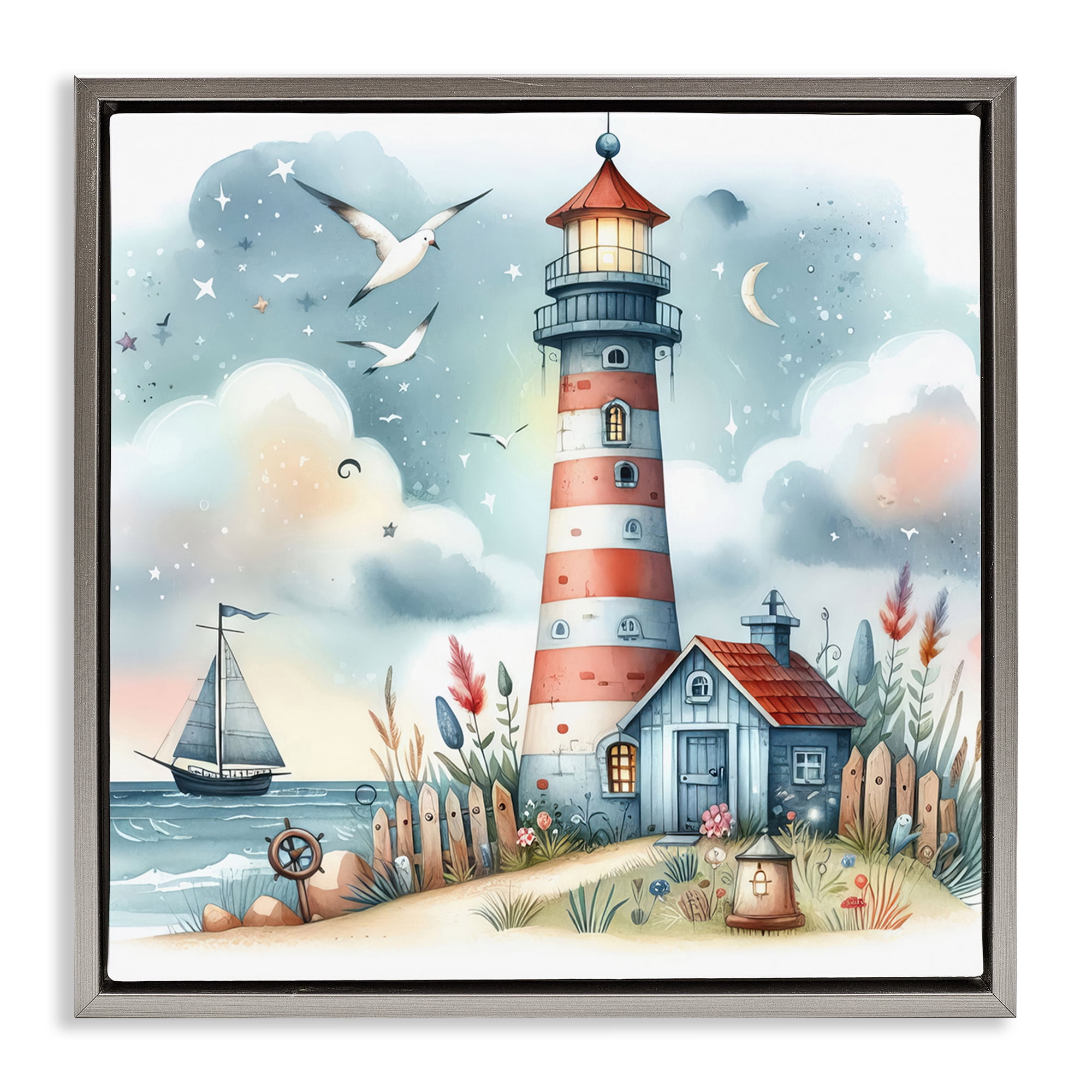 Stupell Industries Fun Maritime Lighthouse Nautical & Beach Painting Gray Floater Framed Canvas Art Print Wall Art, 25 x 25