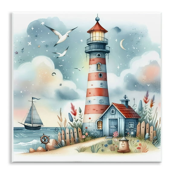 Stupell Industries Fun Maritime Lighthouse Nautical & Beach Painting Unframed Art Print Wall Art, 12 x 12
