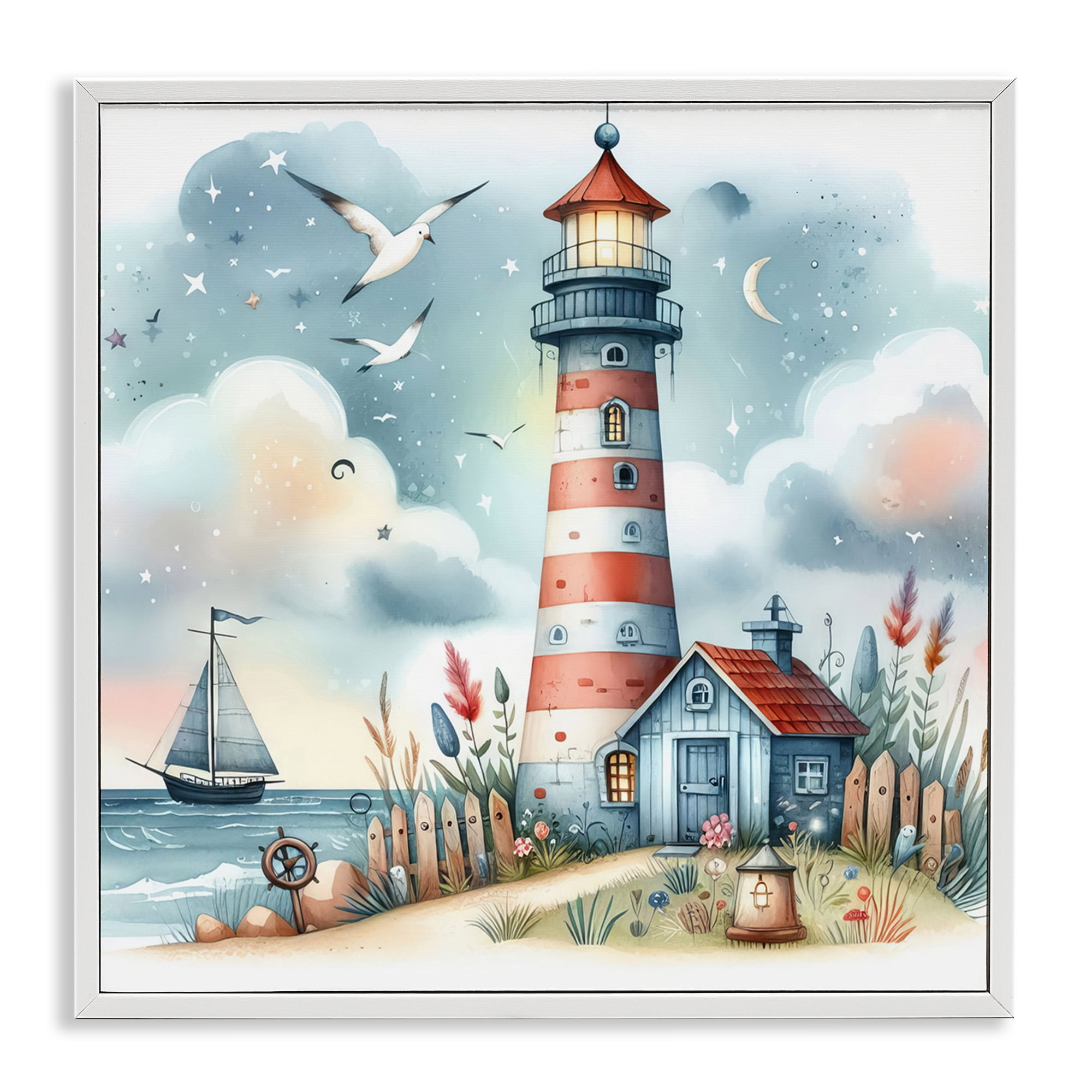 Stupell Industries Fun Maritime Lighthouse Nautical & Beach Painting White Framed Art Print Wall Art, 17 x 17