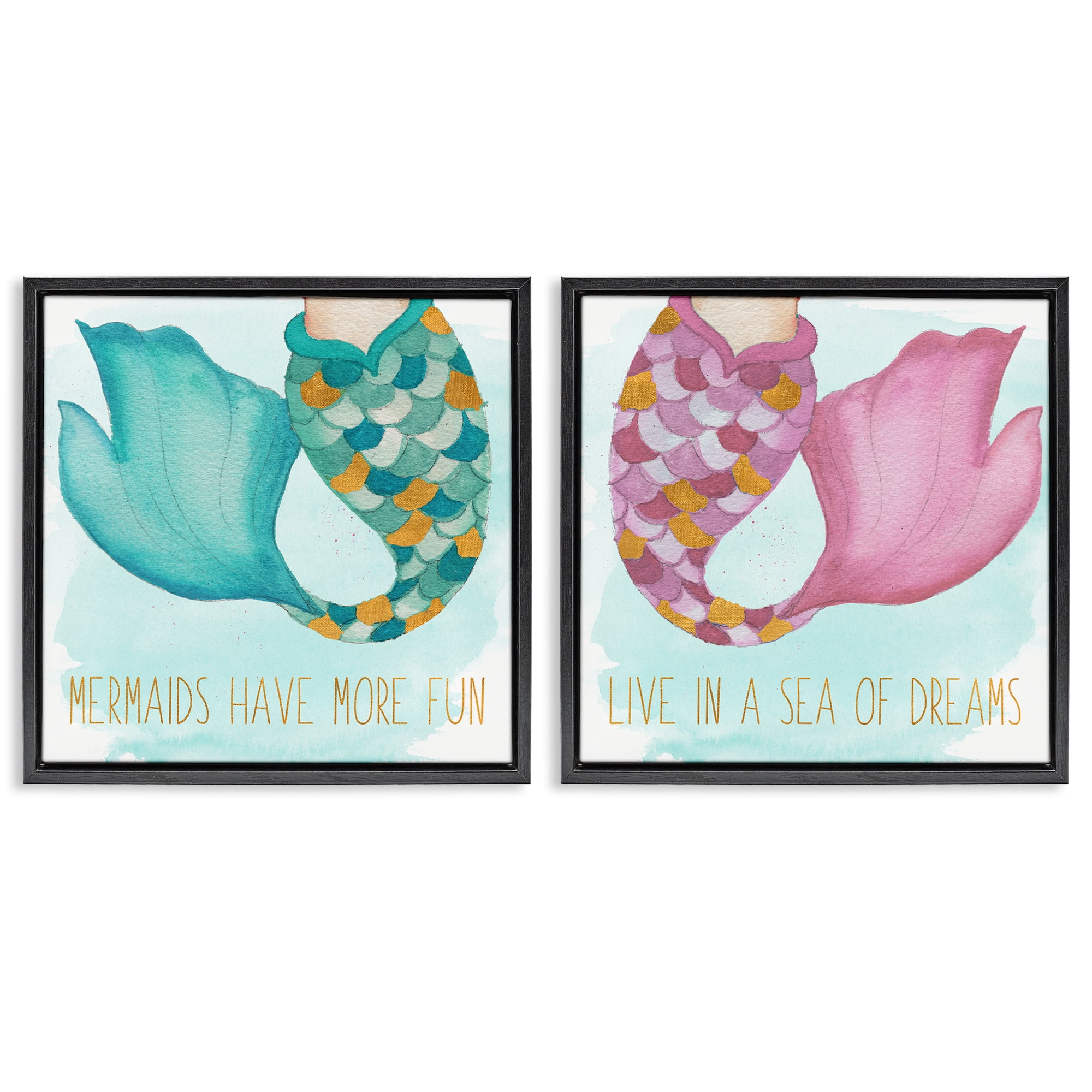Stupell Industries Fun Mermaid Tails Fantasy & Sci-Fi Painting Black Floater Framed Canvas Art Print Wall Art, 25 x 25, Set of 2