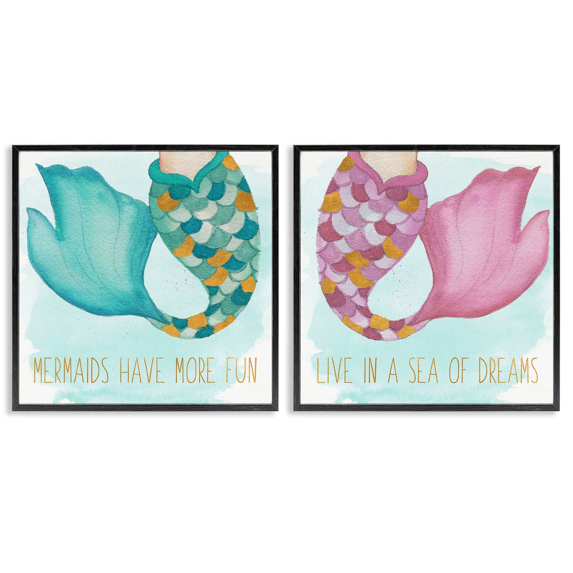 Stupell Industries Fun Mermaid Tails Fantasy & Sci-Fi Painting Black Framed Art Print Wall Art, 17 x 17, Set of 2