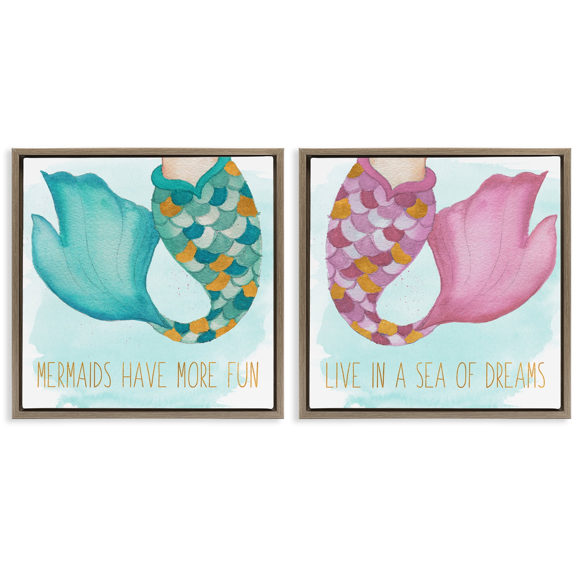 Stupell Industries Fun Mermaid Tails Fantasy & Sci-Fi Painting Brown Floater Framed Canvas Art Print Wall Art, 18 x 18, Set of 2