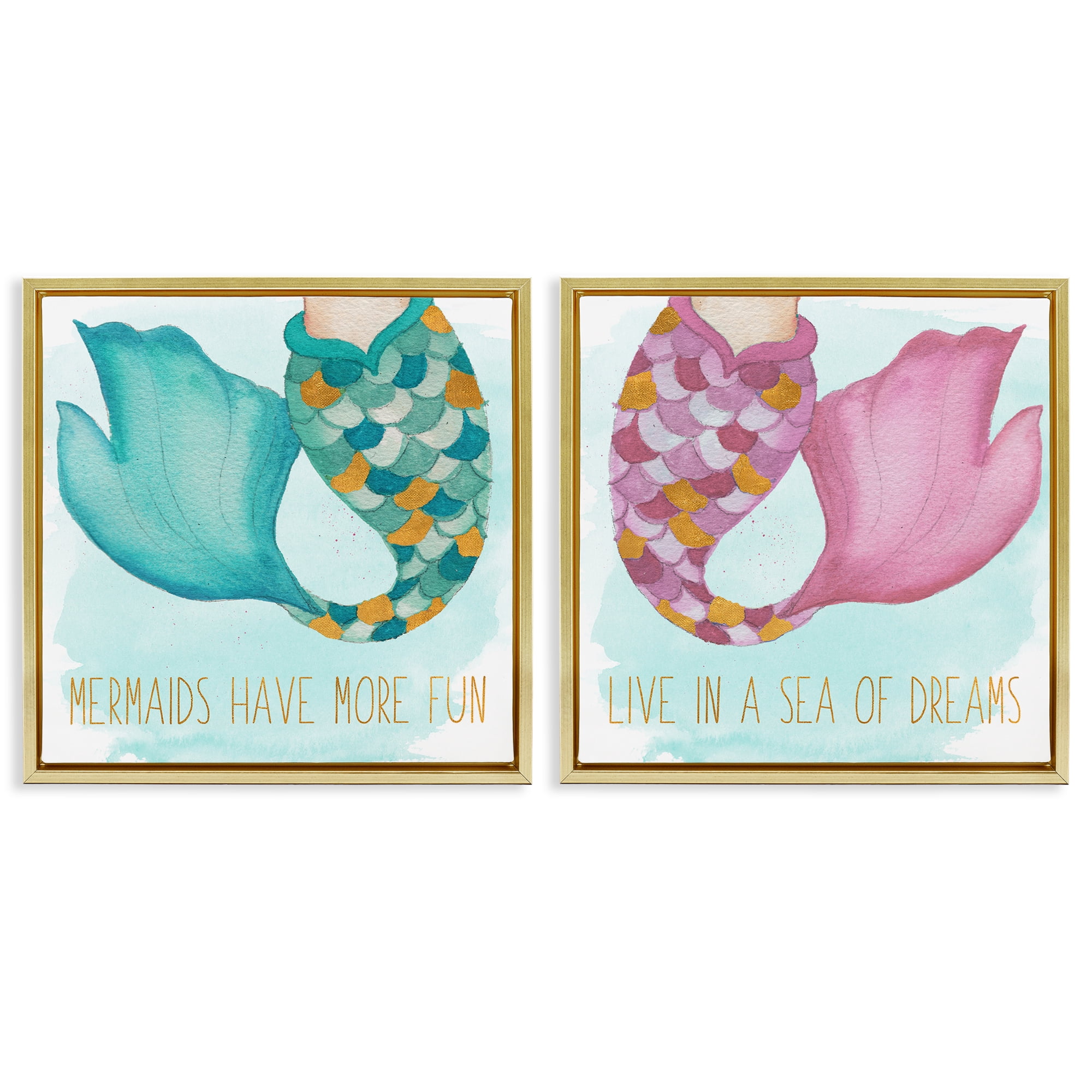 Stupell Industries Fun Mermaid Tails Fantasy & Sci-Fi Painting Gold Floater Framed Canvas Art Print Wall Art, 18 x 18, Set of 2