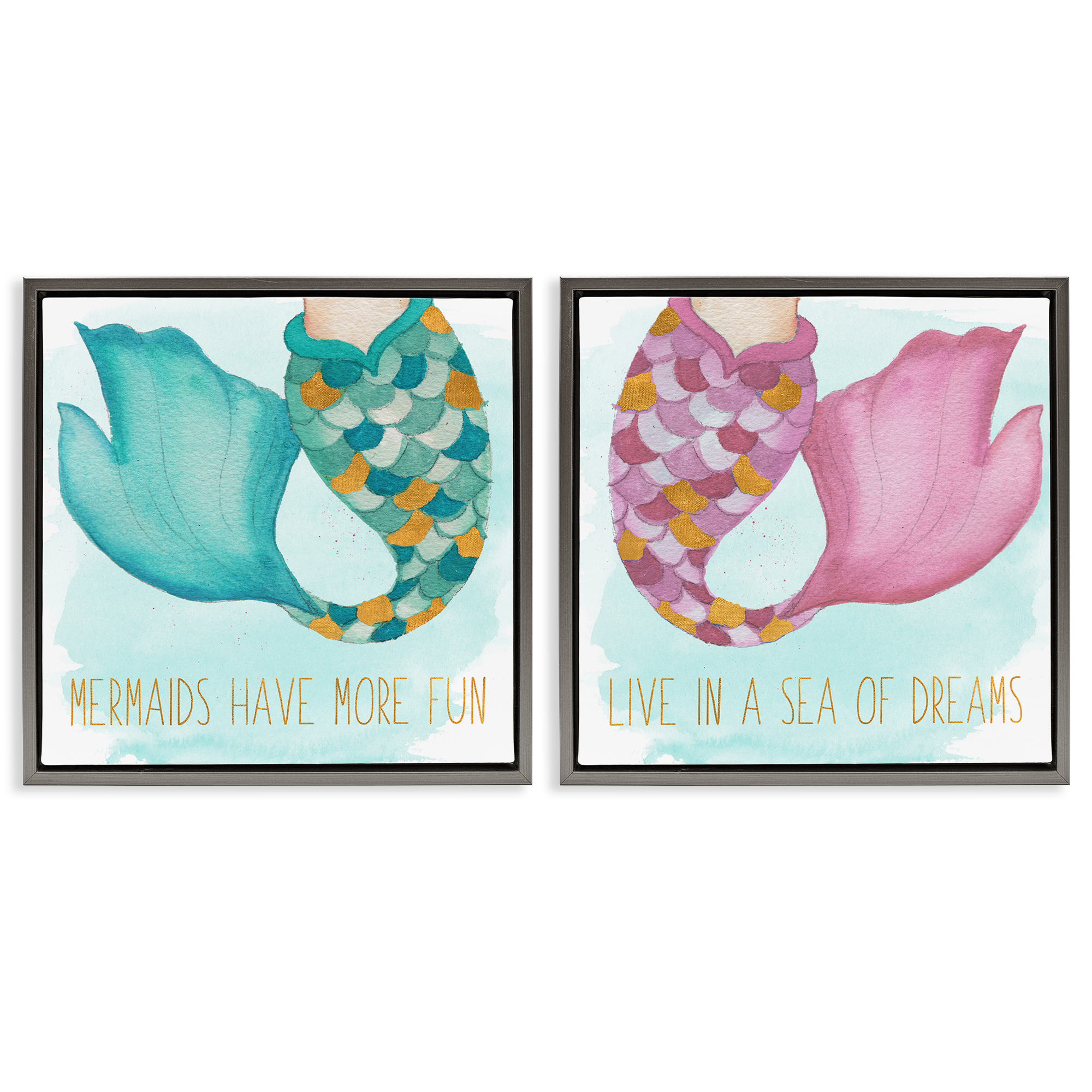 Stupell Industries Fun Mermaid Tails Fantasy & Sci-Fi Painting Gray Floater Framed Canvas Art Print Wall Art, 18 x 18, Set of 2