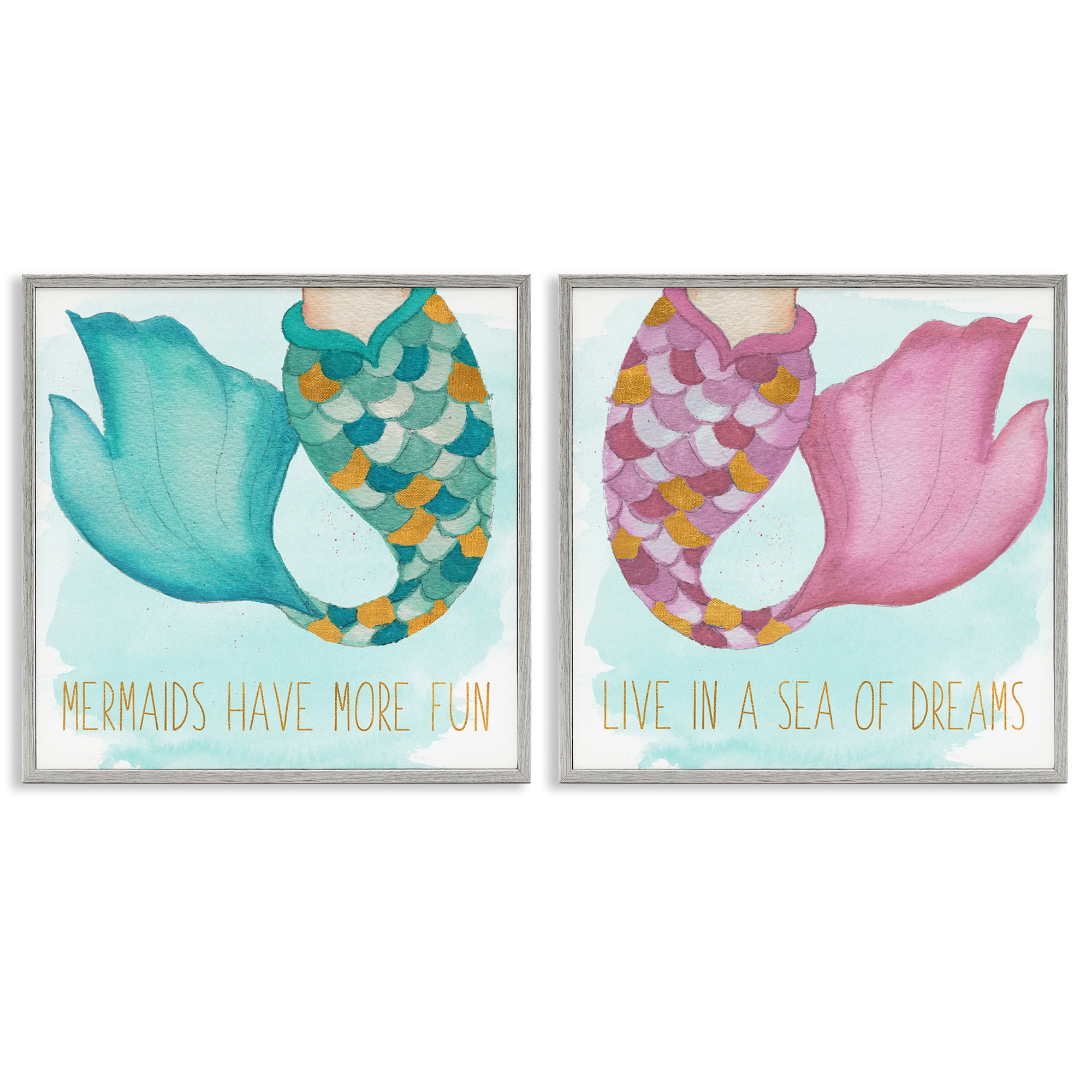 Stupell Industries Fun Mermaid Tails Fantasy & Sci-Fi Painting Gray Framed Art Print Wall Art, 24 x 24, Set of 2