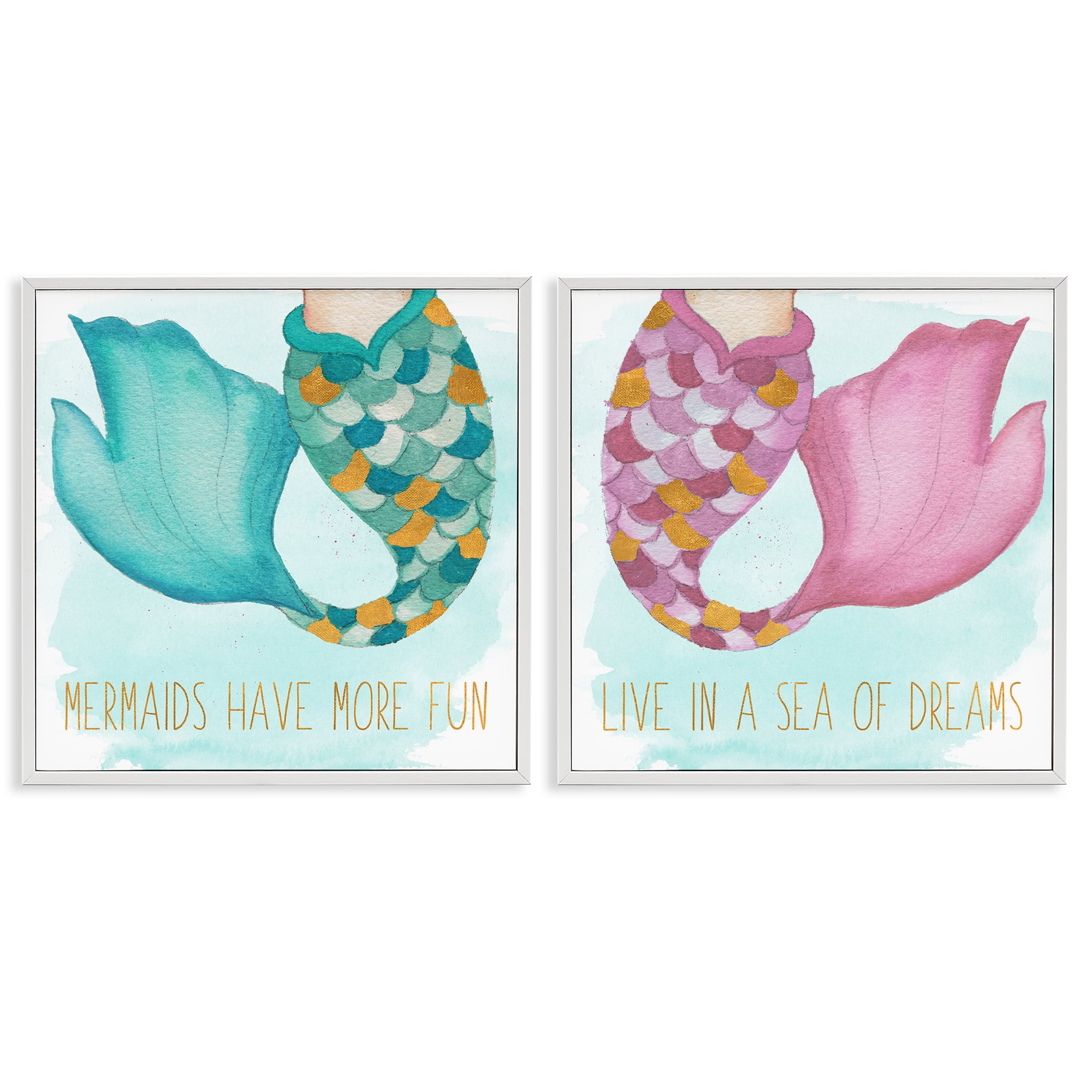 Stupell Industries Fun Mermaid Tails Fantasy & Sci-Fi Painting White Framed Art Print Wall Art, 12 x 12, Set of 2