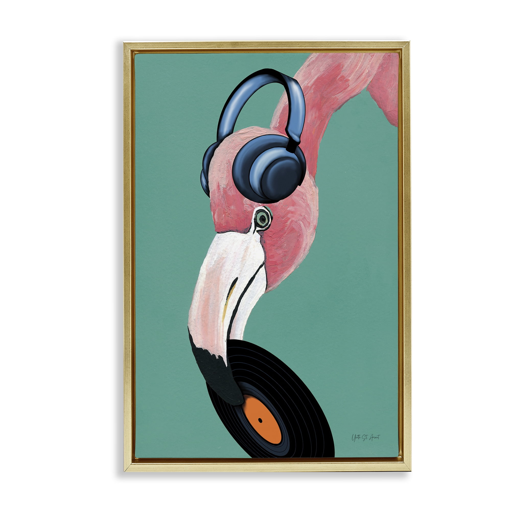 Stupell Industries Fun Musical Flamingo Animals & Insects Painting Gold Floater Framed Art Print Wall Art, 17 x 25