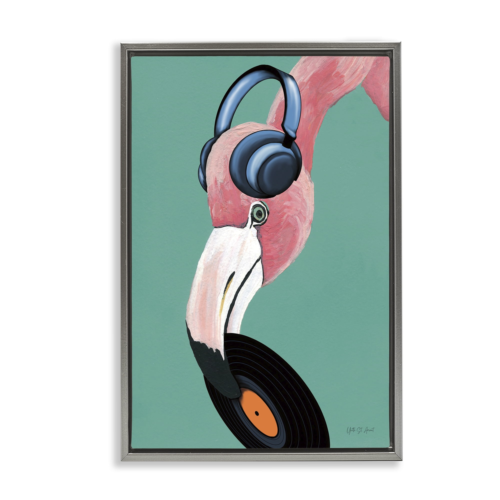 Stupell Industries Fun Musical Flamingo Animals & Insects Painting Gray Floater Framed Art Print Wall Art, 21 x 31