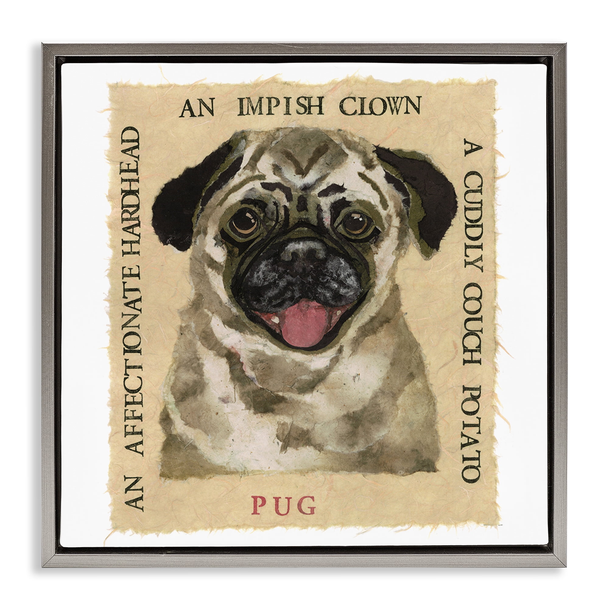 Stupell Industries Fun Pug Pet Phrases Animals Painting Gray Floater Framed Canvas Art Print Wall Art, 18 x 18