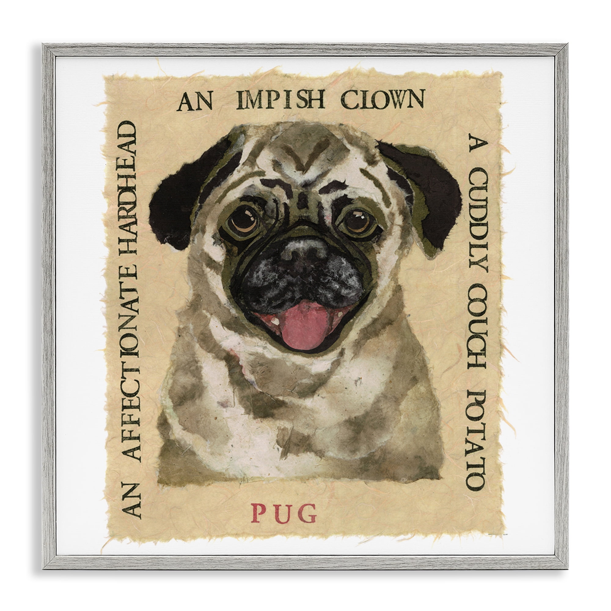 Stupell Industries Fun Pug Pet Phrases Animals Painting Gray Framed Art Print Wall Art, 12 x 12