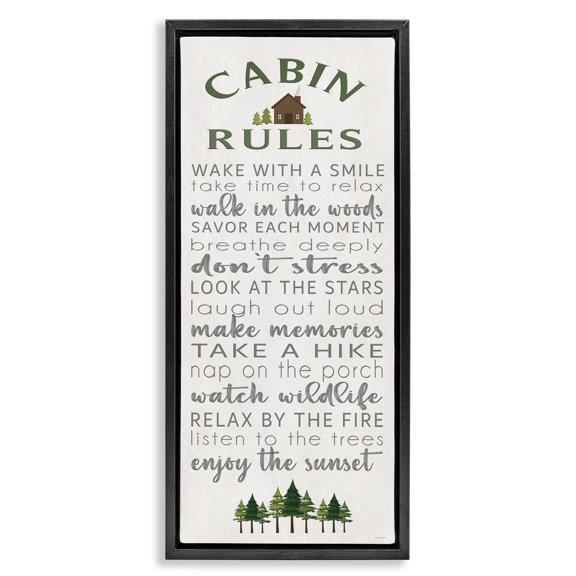 Stupell Industries Fun Rustic Cabin Rules Signs and Rules Painting Black Floater Framed Canvas Art Print Wall Art, 11 x 25