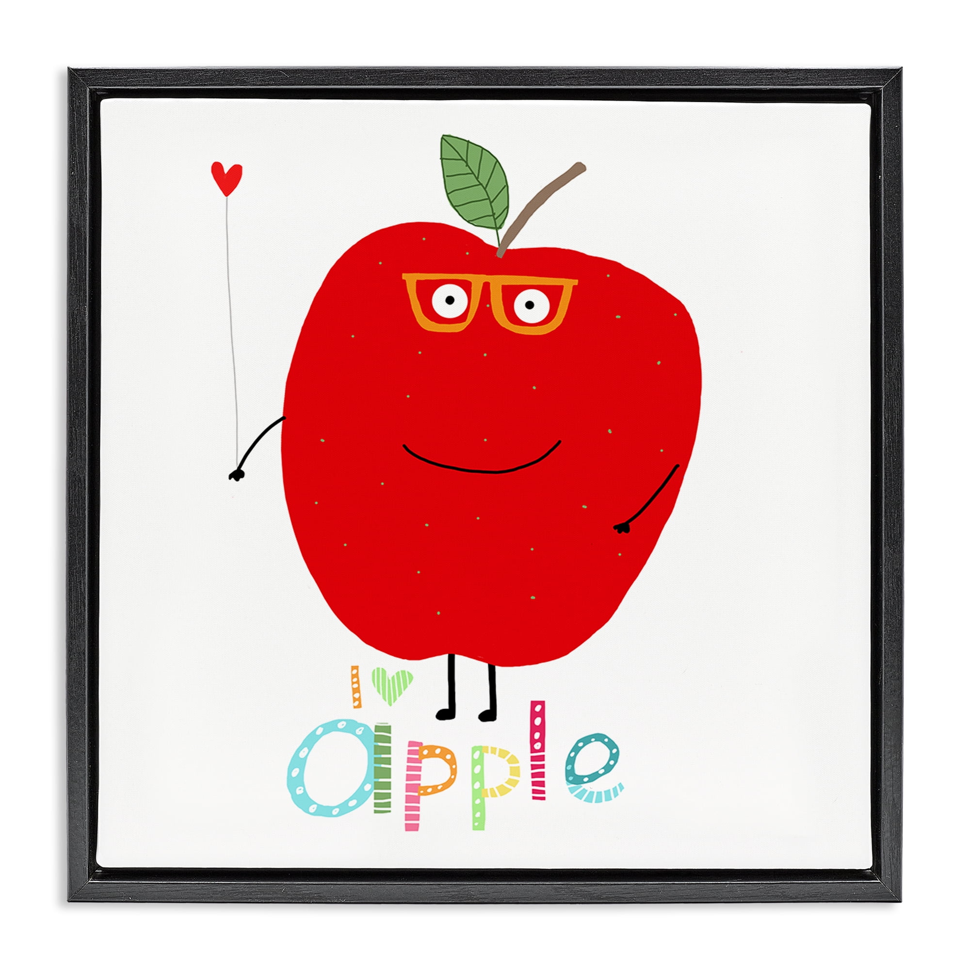 Stupell Industries Fun Smiling Apple Food & Beverage Painting Black Floater Framed Canvas Art Print Wall Art, 18 x 18