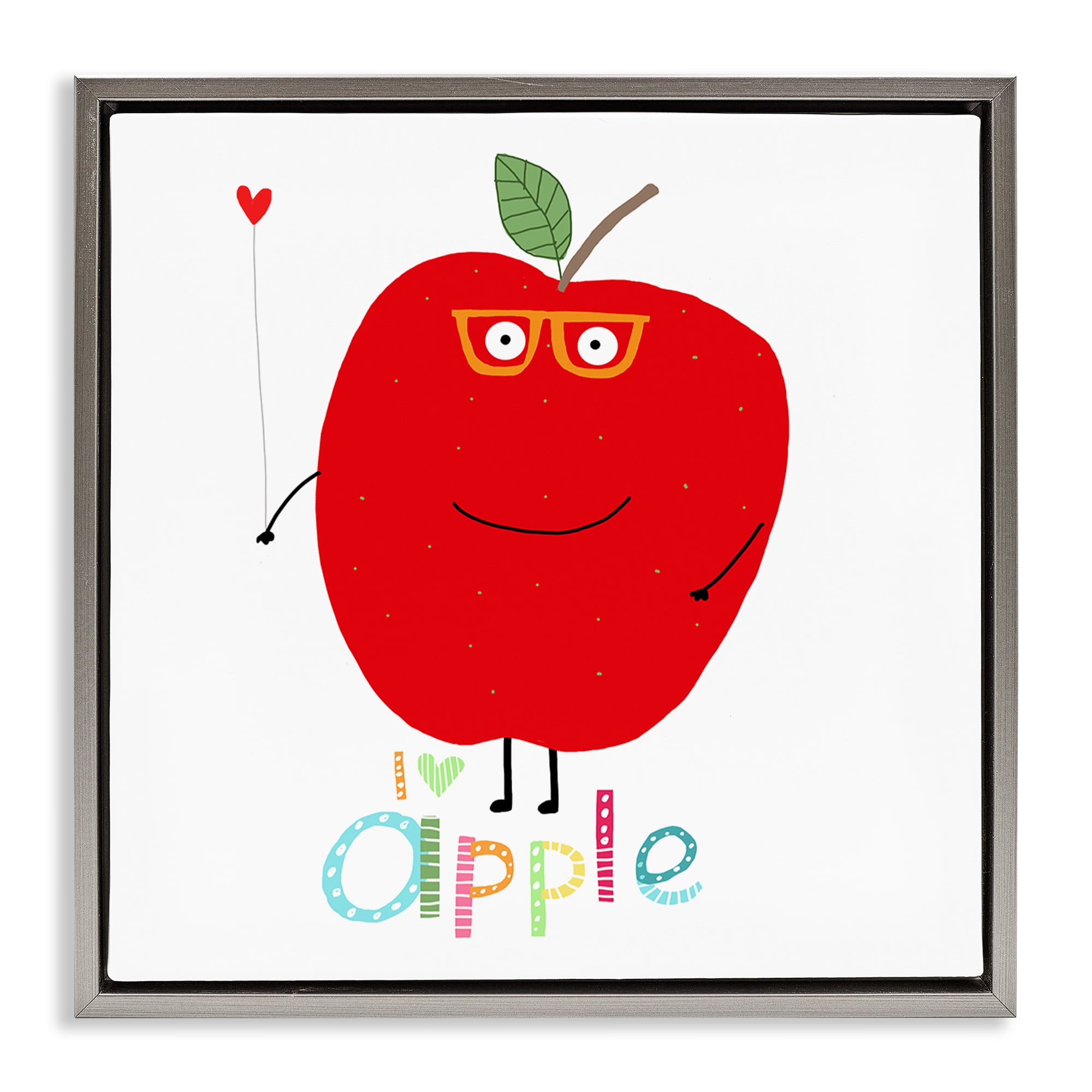 Stupell Industries Fun Smiling Apple Food & Beverage Painting Gray Floater Framed Canvas Art Print Wall Art, 18 x 18