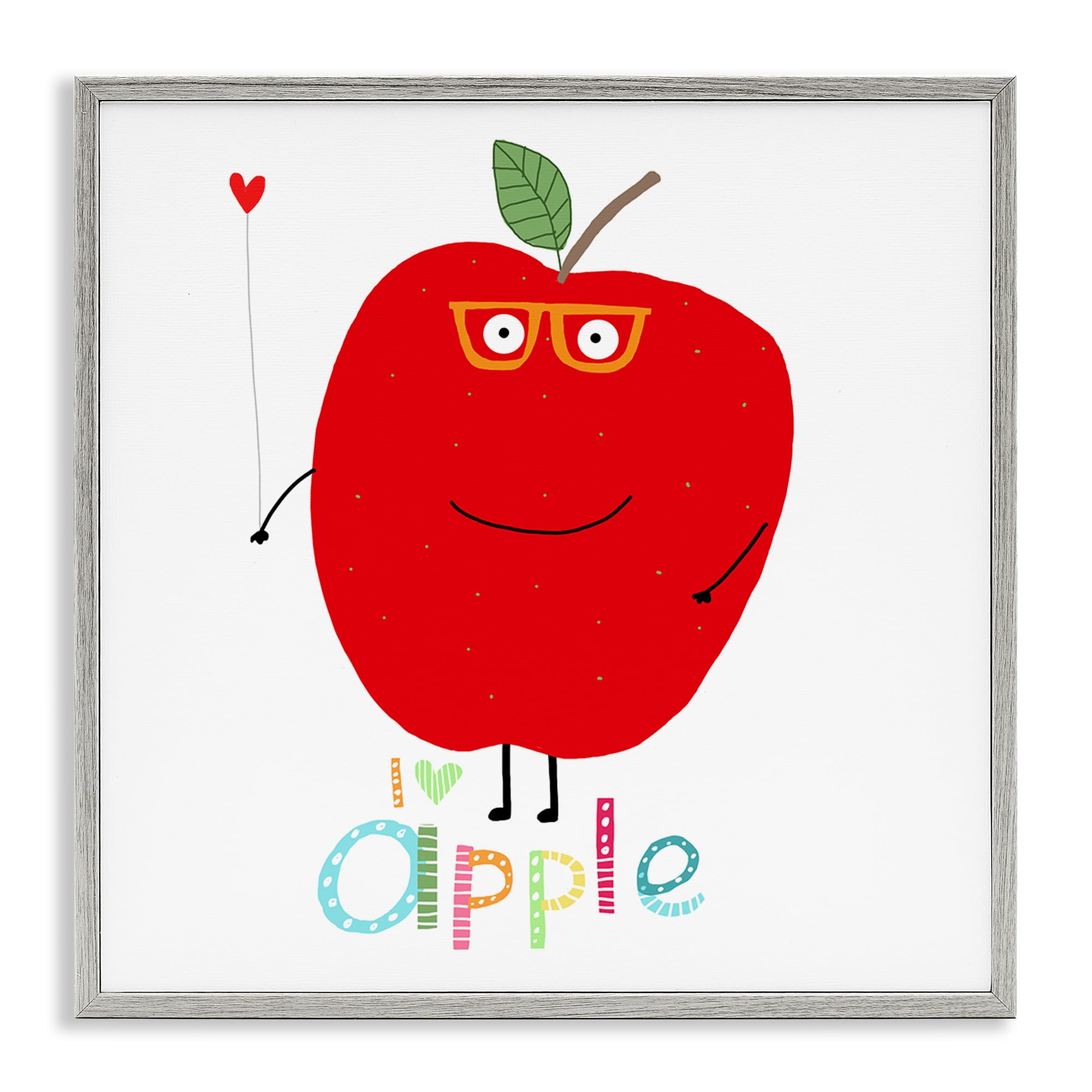 Stupell Industries Fun Smiling Apple Food & Beverage Painting Gray Framed Art Print Wall Art, 12 x 12