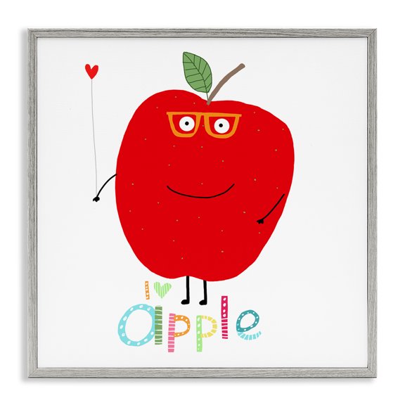 Stupell Industries Fun Smiling Apple Food & Beverage Painting Gray Framed Art Print Wall Art, 24 x 24