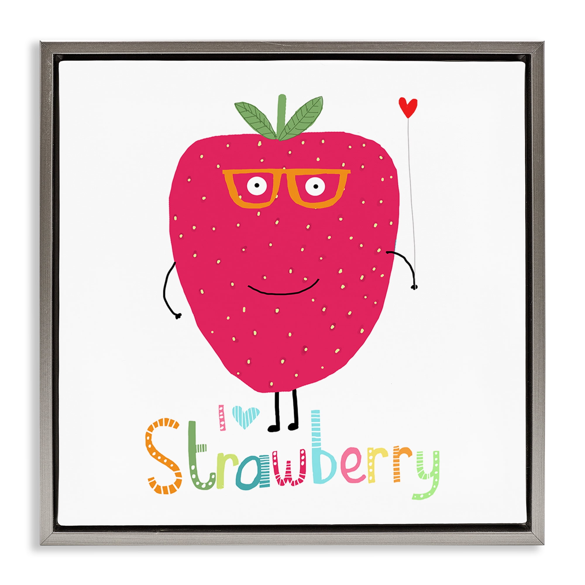 Stupell Industries Fun Smiling Strawberry Food & Beverage Painting Gray Floater Framed Canvas Art Print Wall Art, 18 x 18