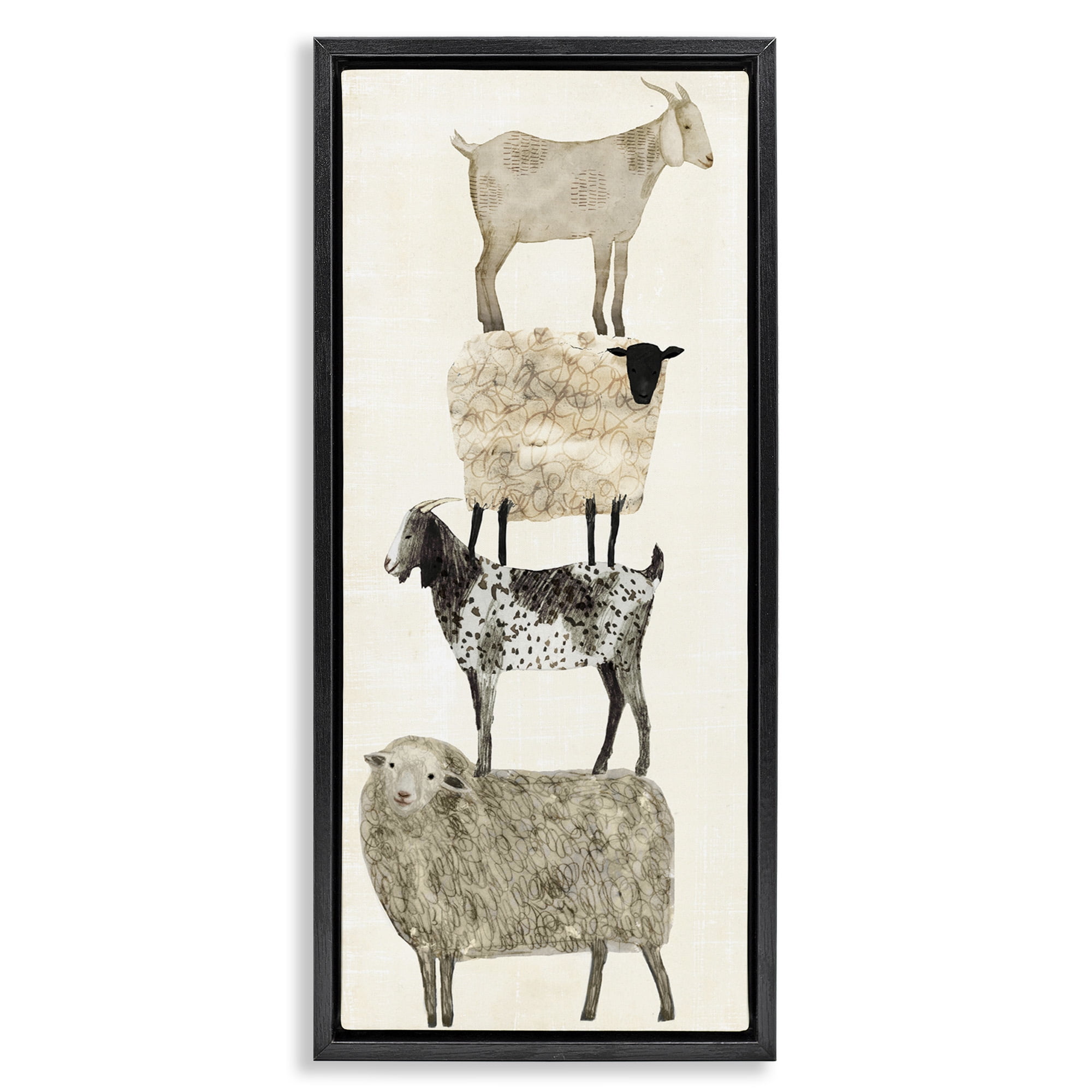 Stupell Industries Fun Stacked Sheep & Goats Farm Animals Animals & Insects Painting Black Floater Framed Canvas Art Print Wall Art, 15 x 31