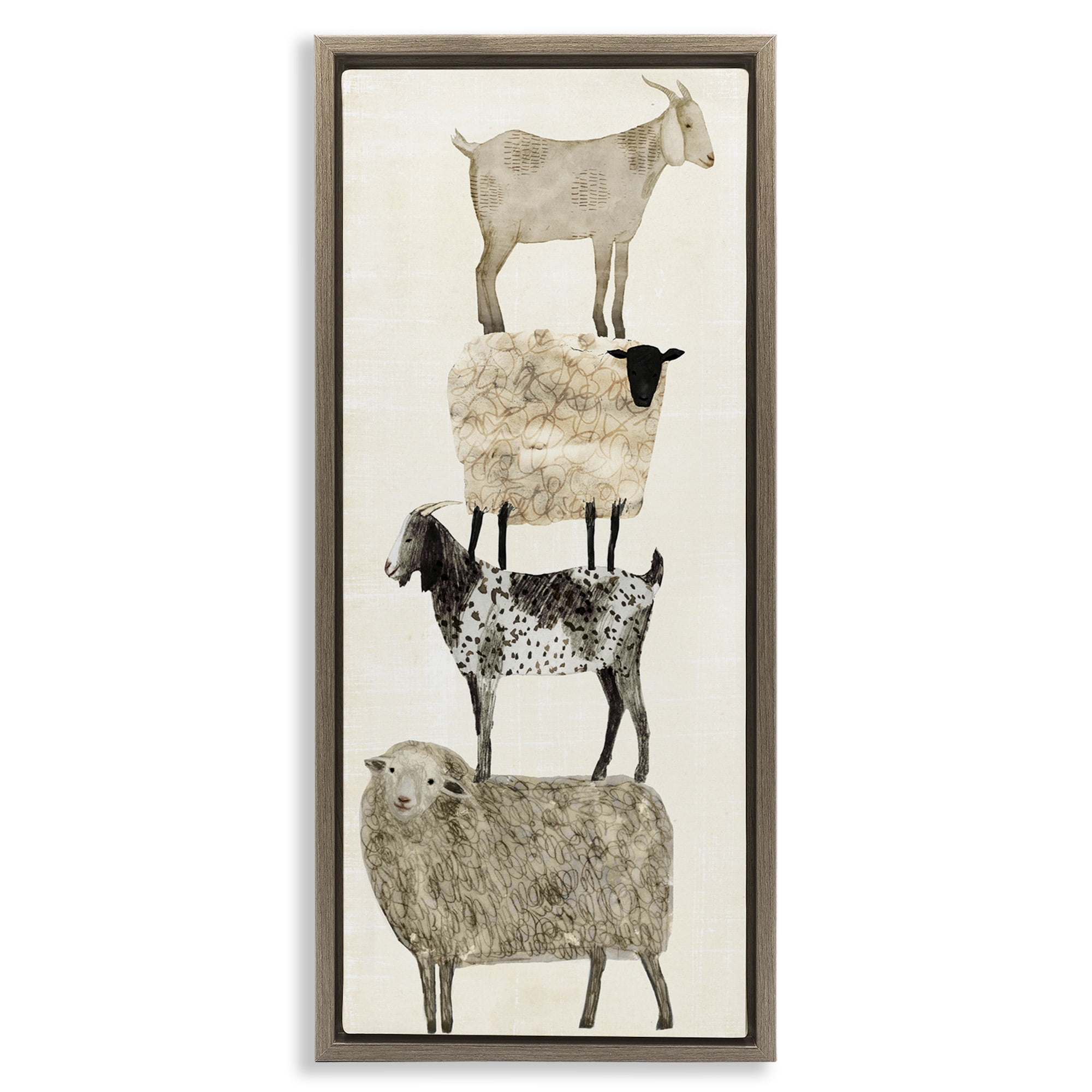 Stupell Industries Fun Stacked Sheep & Goats Farm Animals Animals & Insects Painting Brown Floater Framed Canvas Art Print Wall Art, 15 x 31