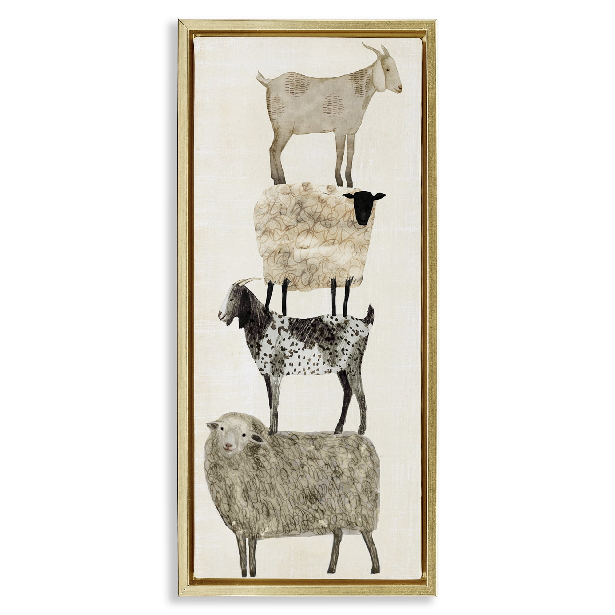 Stupell Industries Fun Stacked Sheep & Goats Farm Animals Animals & Insects Painting Gold Floater Framed Canvas Art Print Wall Art, 11 x 25