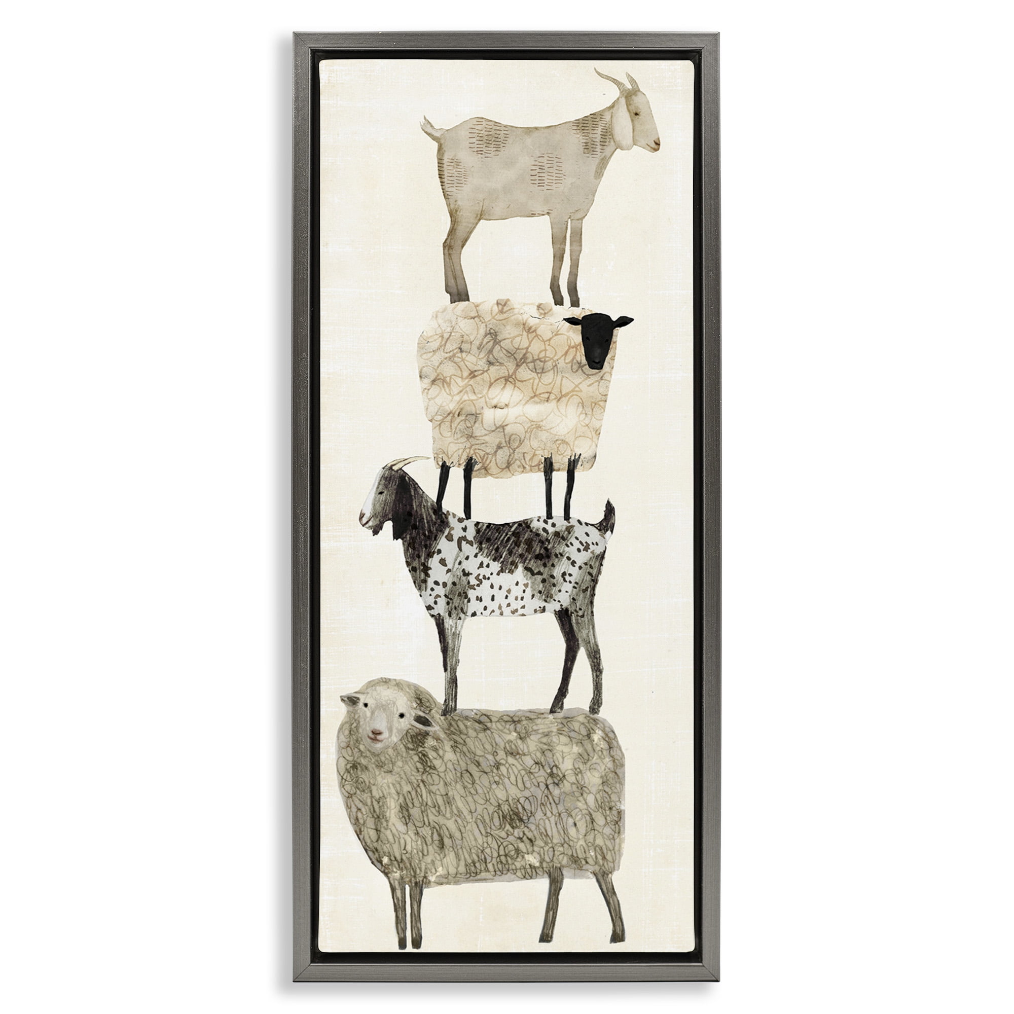 Stupell Industries Fun Stacked Sheep & Goats Farm Animals Animals & Insects Painting Gray Floater Framed Canvas Art Print Wall Art, 11 x 25