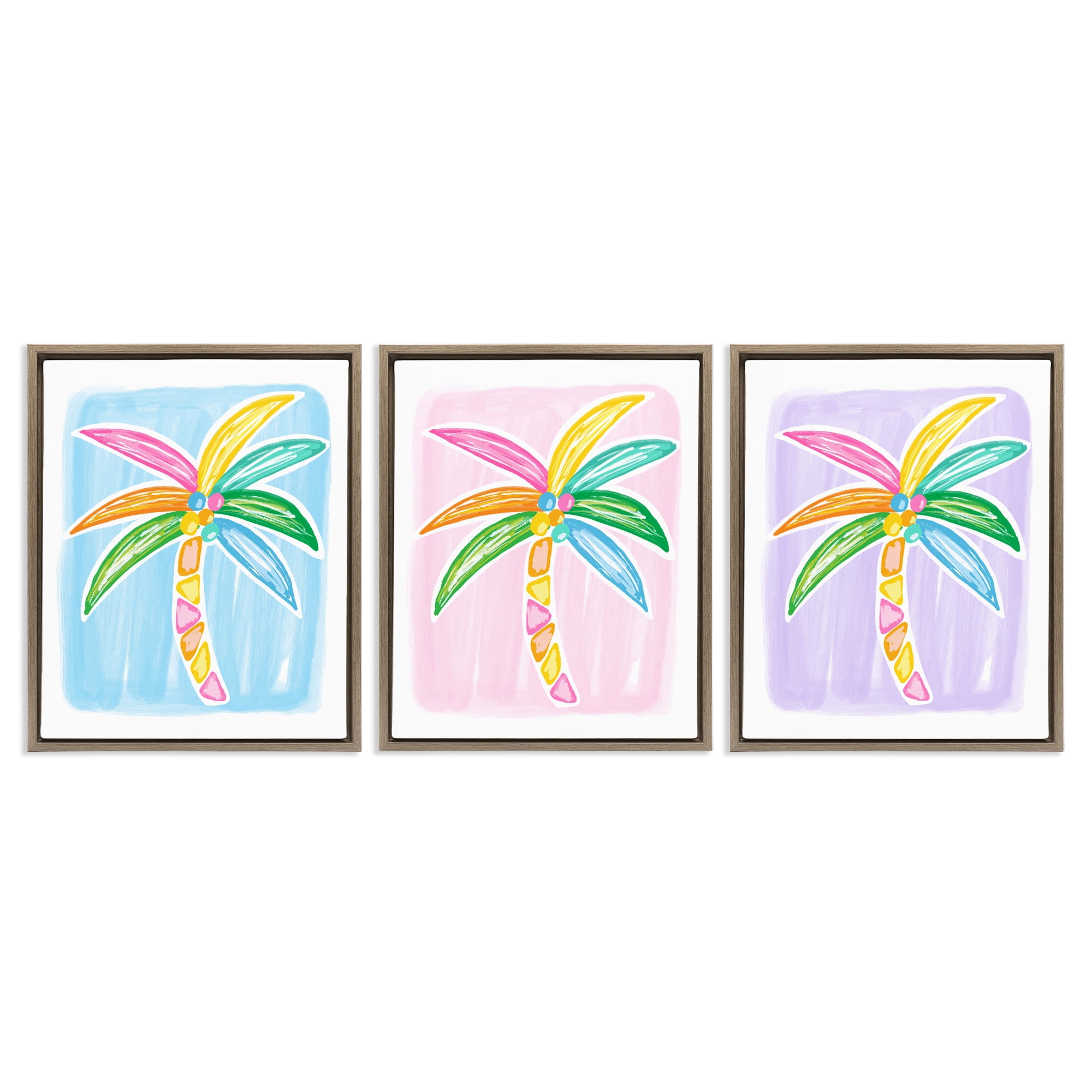 Stupell Industries Fun Summer Palms Plants & Flowers Painting Brown Floater Framed Canvas Art Print Wall Art, 17 x 21, Set of 3
