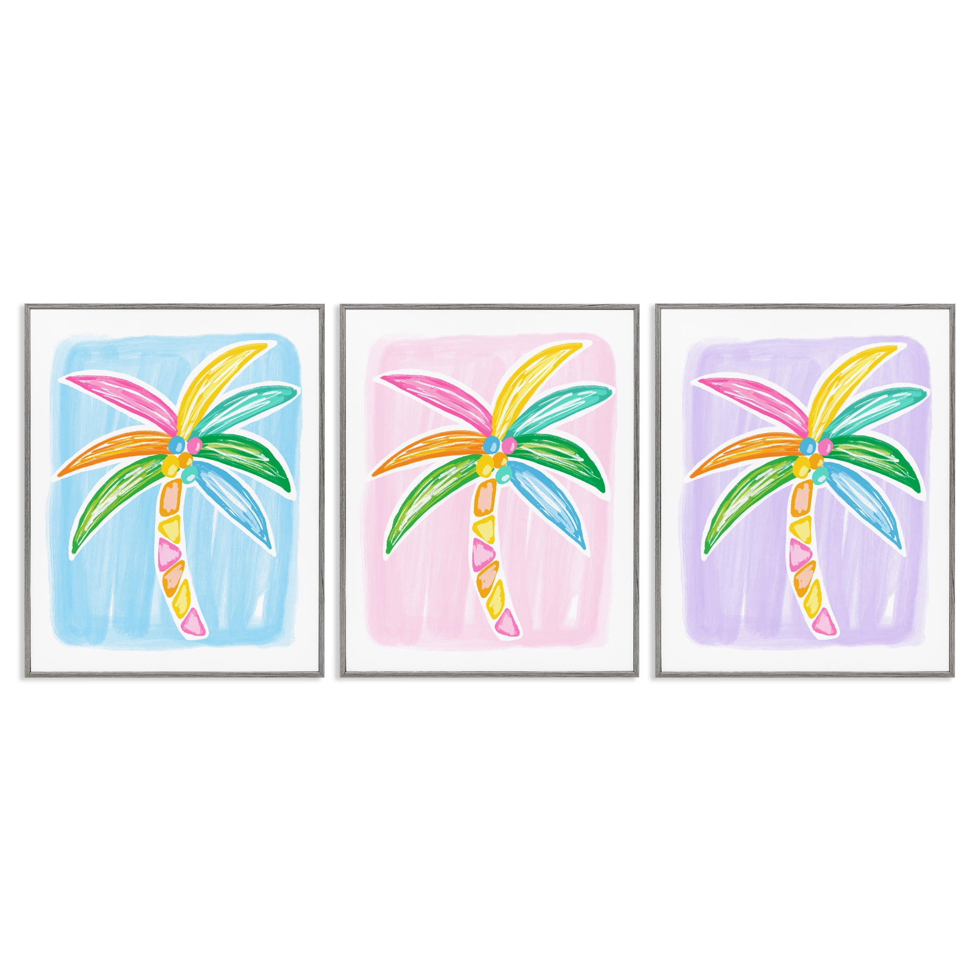 Stupell Industries Fun Summer Palms Plants & Flowers Painting Gray Framed Art Print Wall Art, 11 x 14, Set of 3